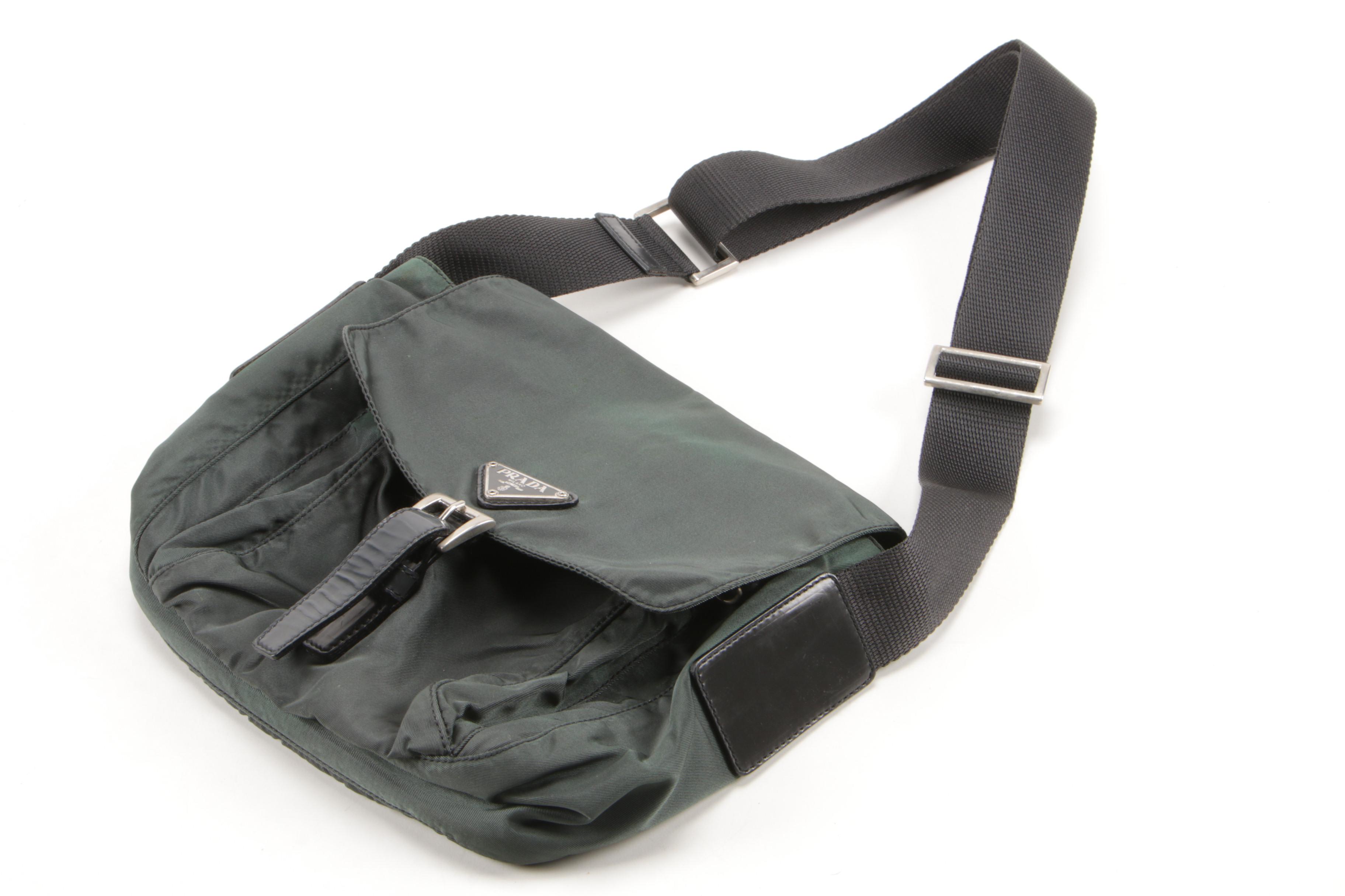 Prada Sailing Crossbody Bag in Dark Green Tessuto Nylon and Black Glazed Leather