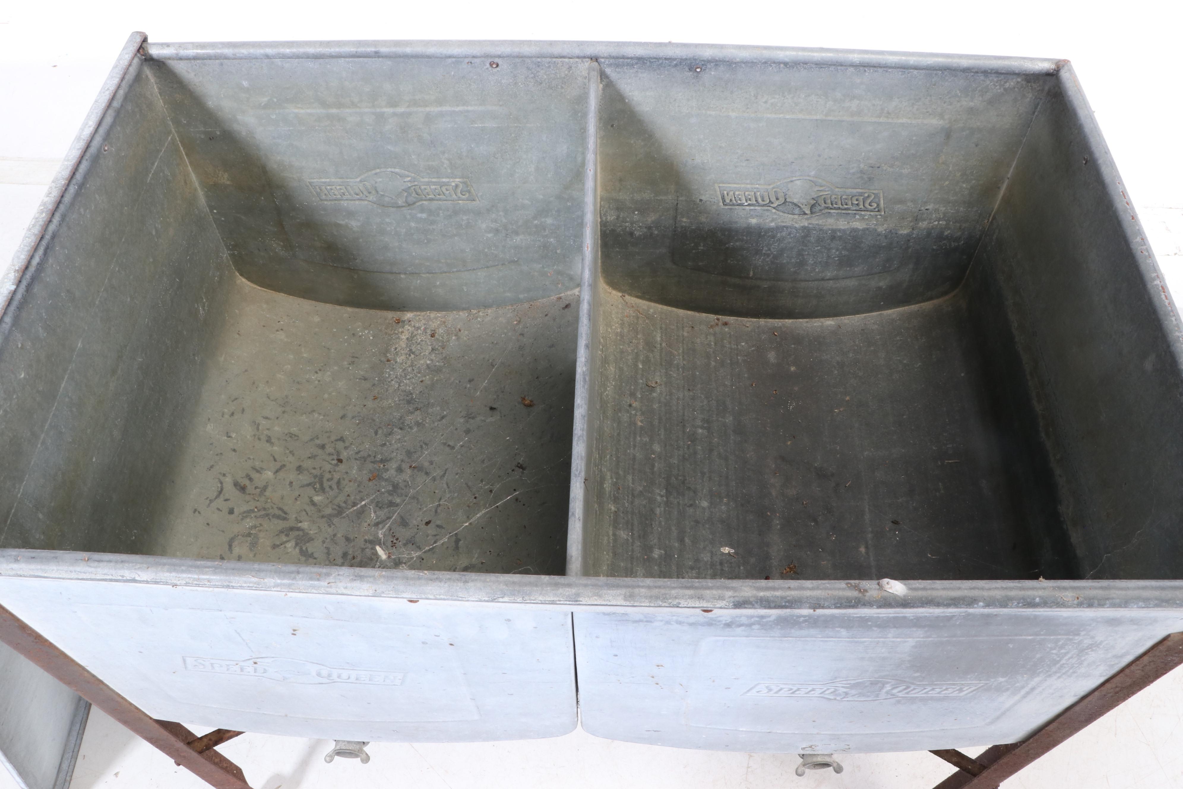 Speed Queen Galvanized Steel Double Sink Wash Basin, Early 20th Century