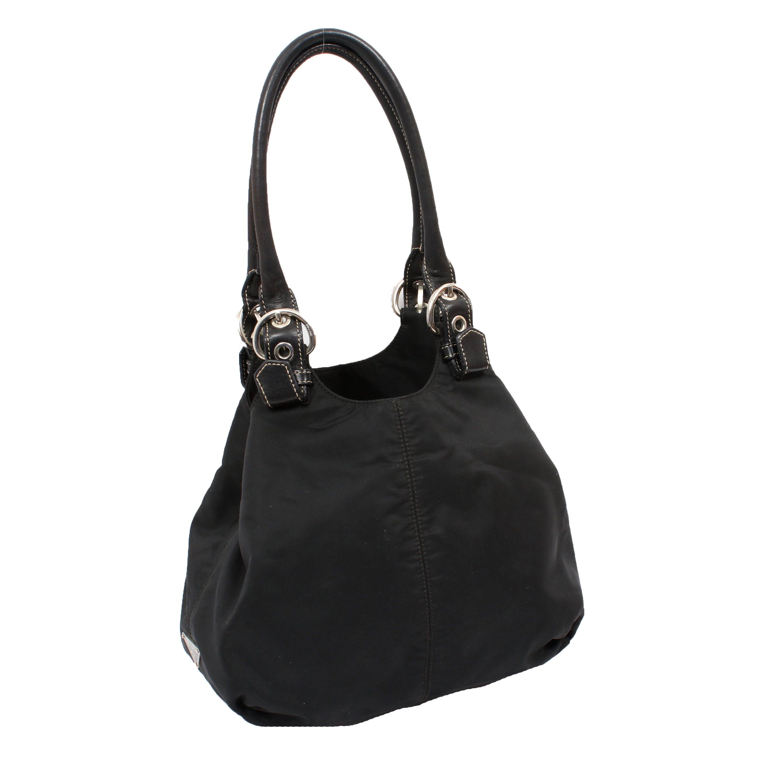 Prada Black Tessuto Nylon and Leather Double Buckle Shoulder Bag