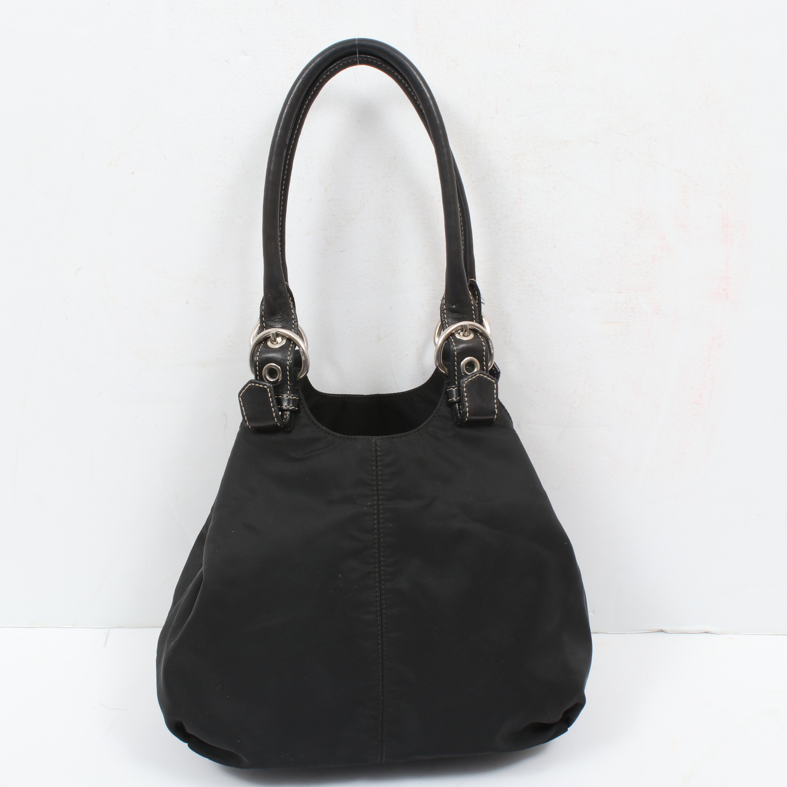 Prada Black Tessuto Nylon and Leather Double Buckle Shoulder Bag