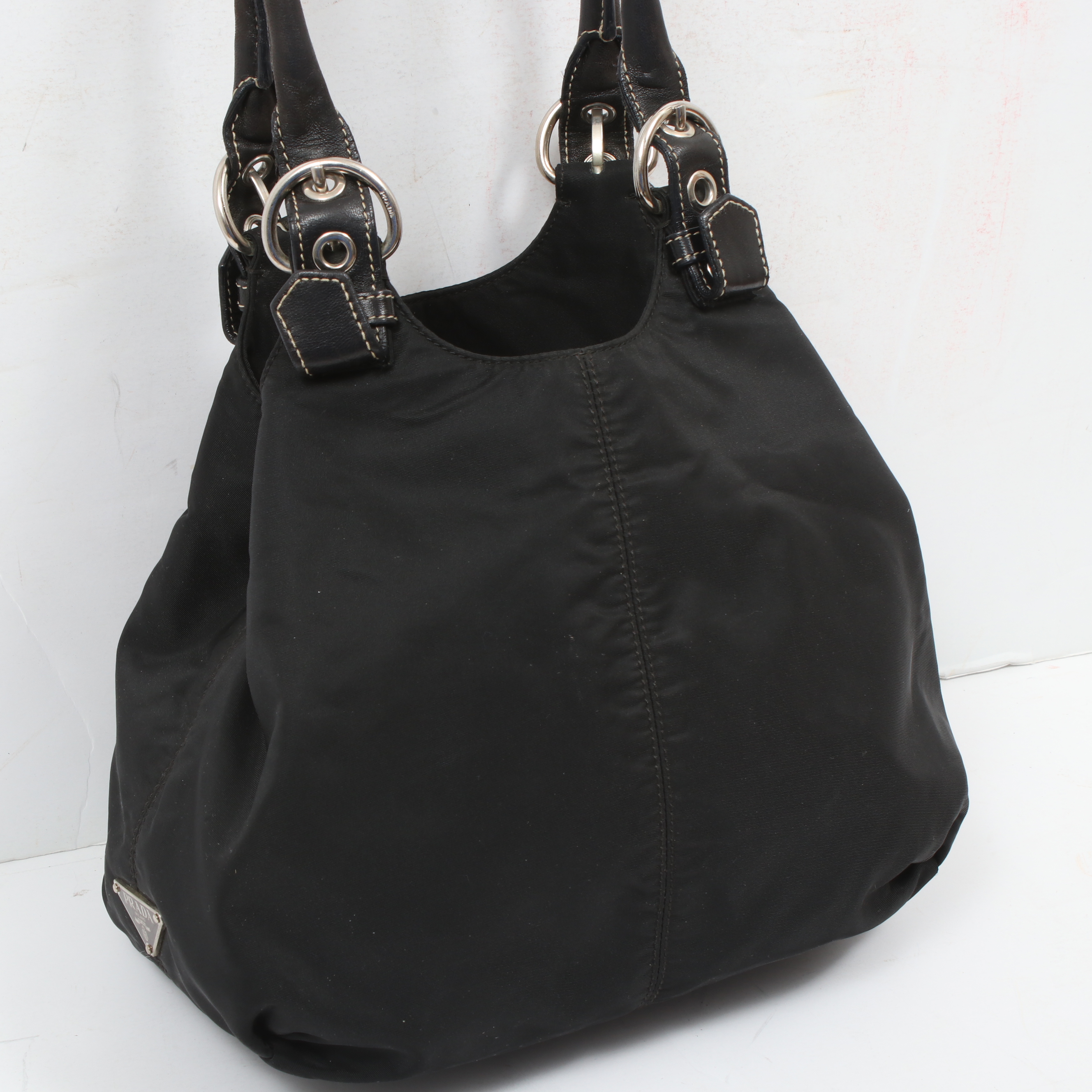 Prada Black Tessuto Nylon and Leather Double Buckle Shoulder Bag