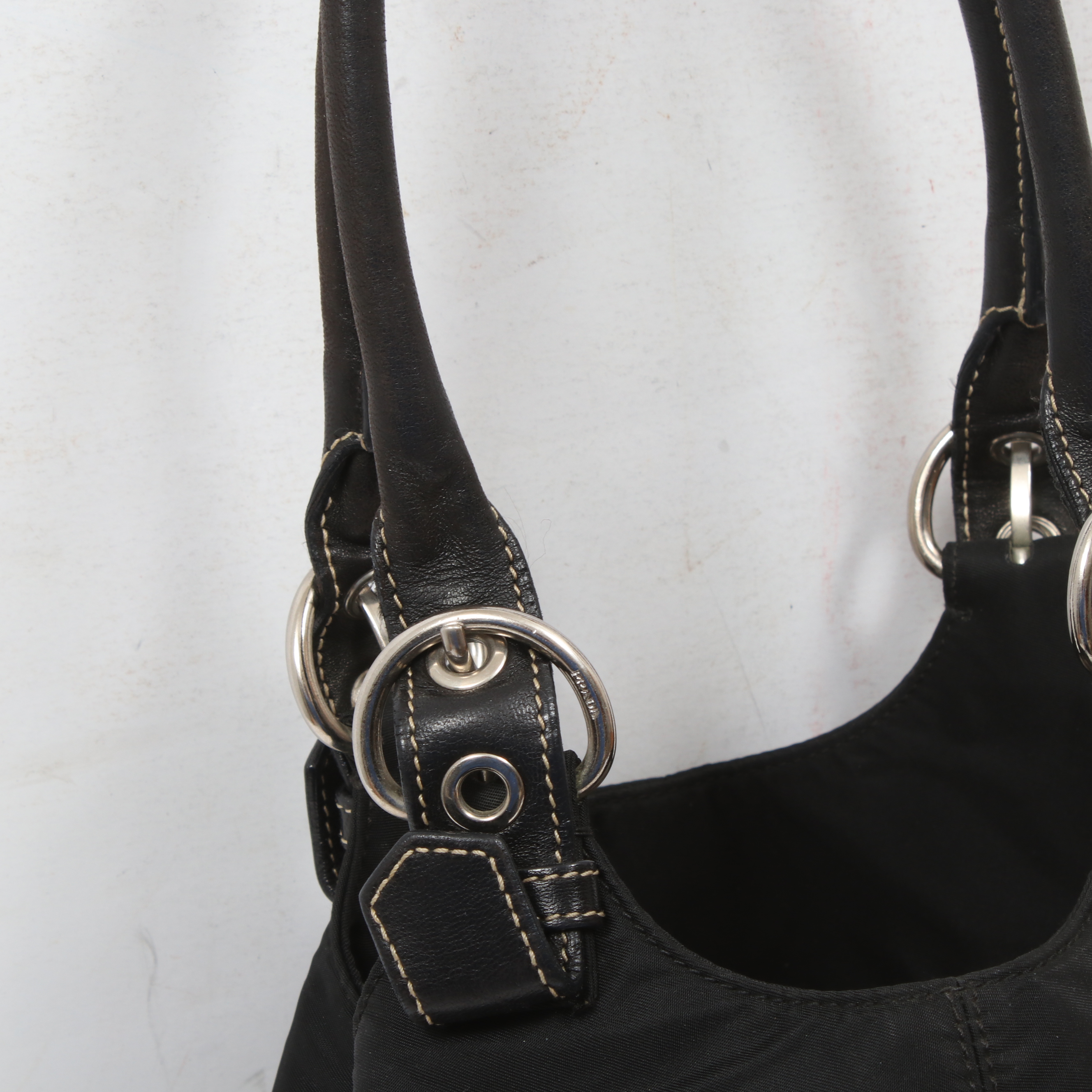 Prada Black Tessuto Nylon and Leather Double Buckle Shoulder Bag