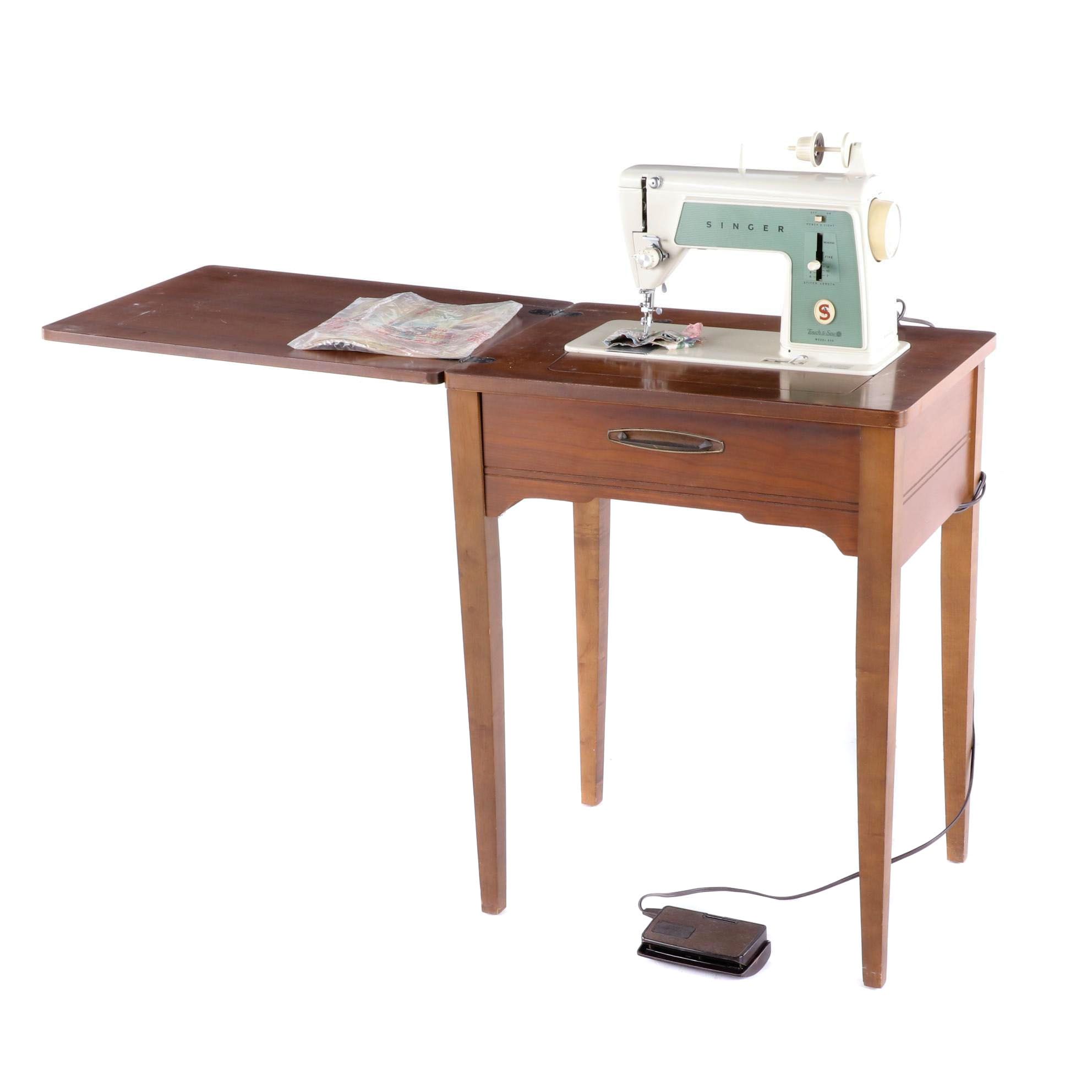 Singer Touch and Sew Sewing Machine and Walnut Sewing Cabinet, circa 1969