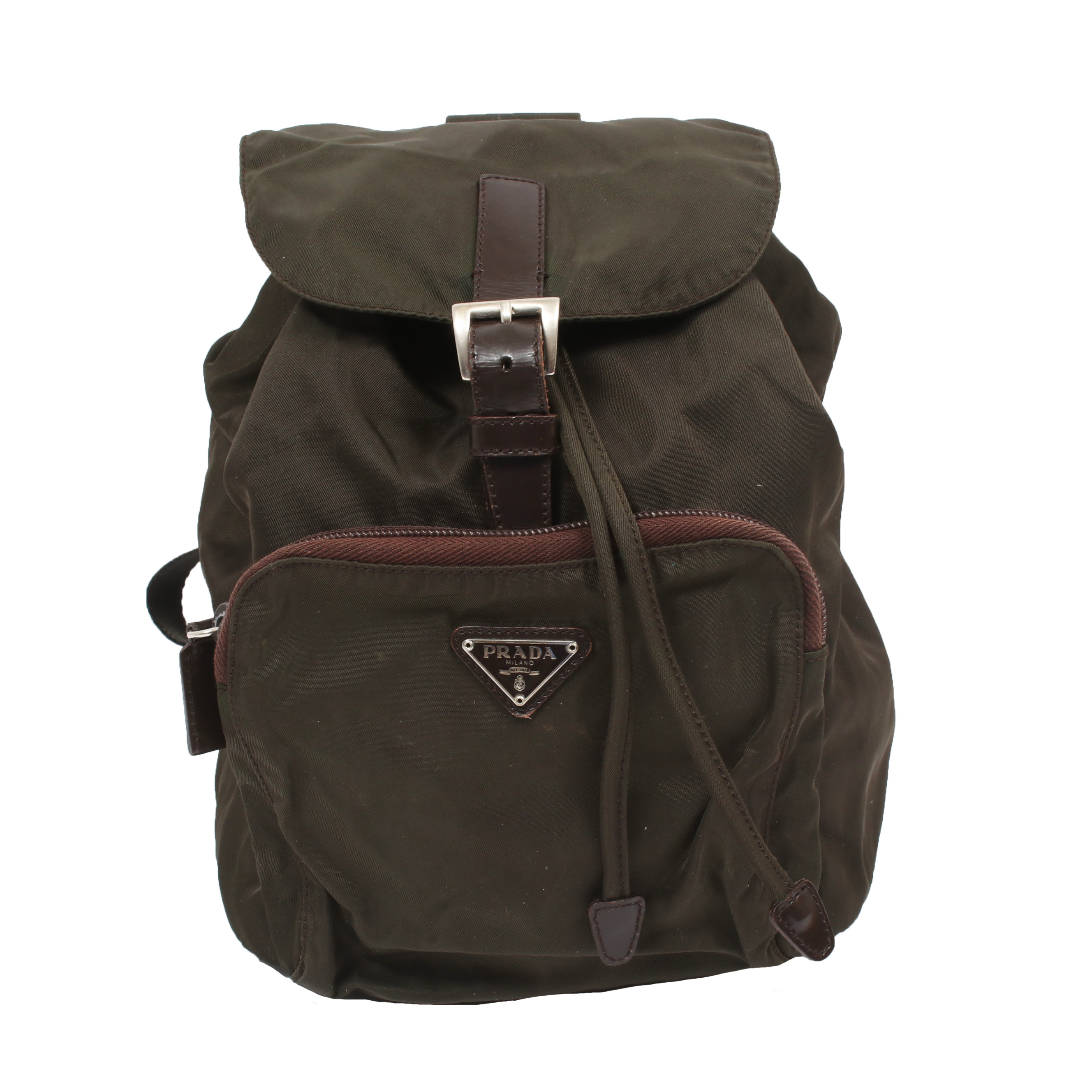 Prada Olive Green Tessuto Nylon and Brown Leather Mini Backpack Purse