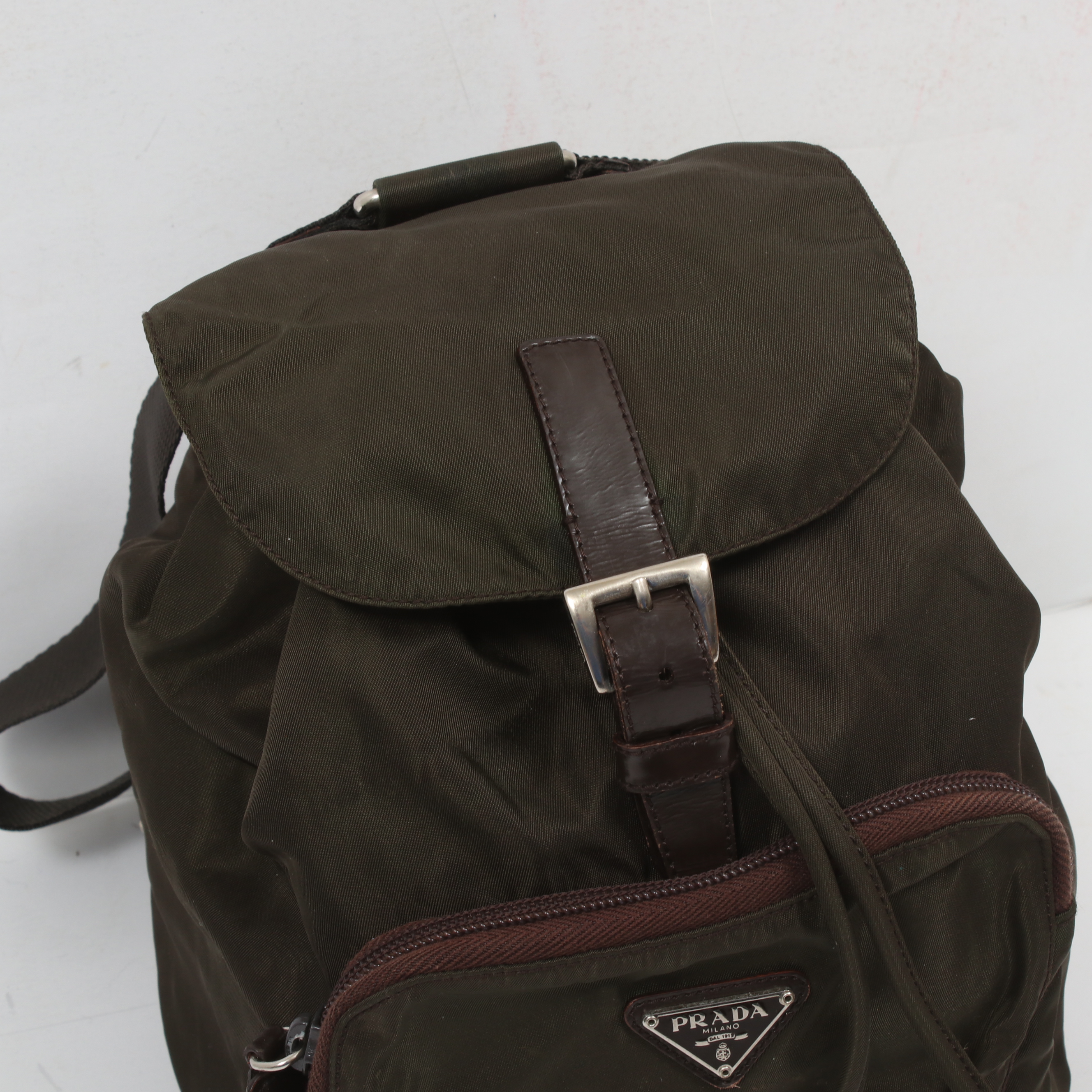Prada Olive Green Tessuto Nylon and Brown Leather Mini Backpack Purse