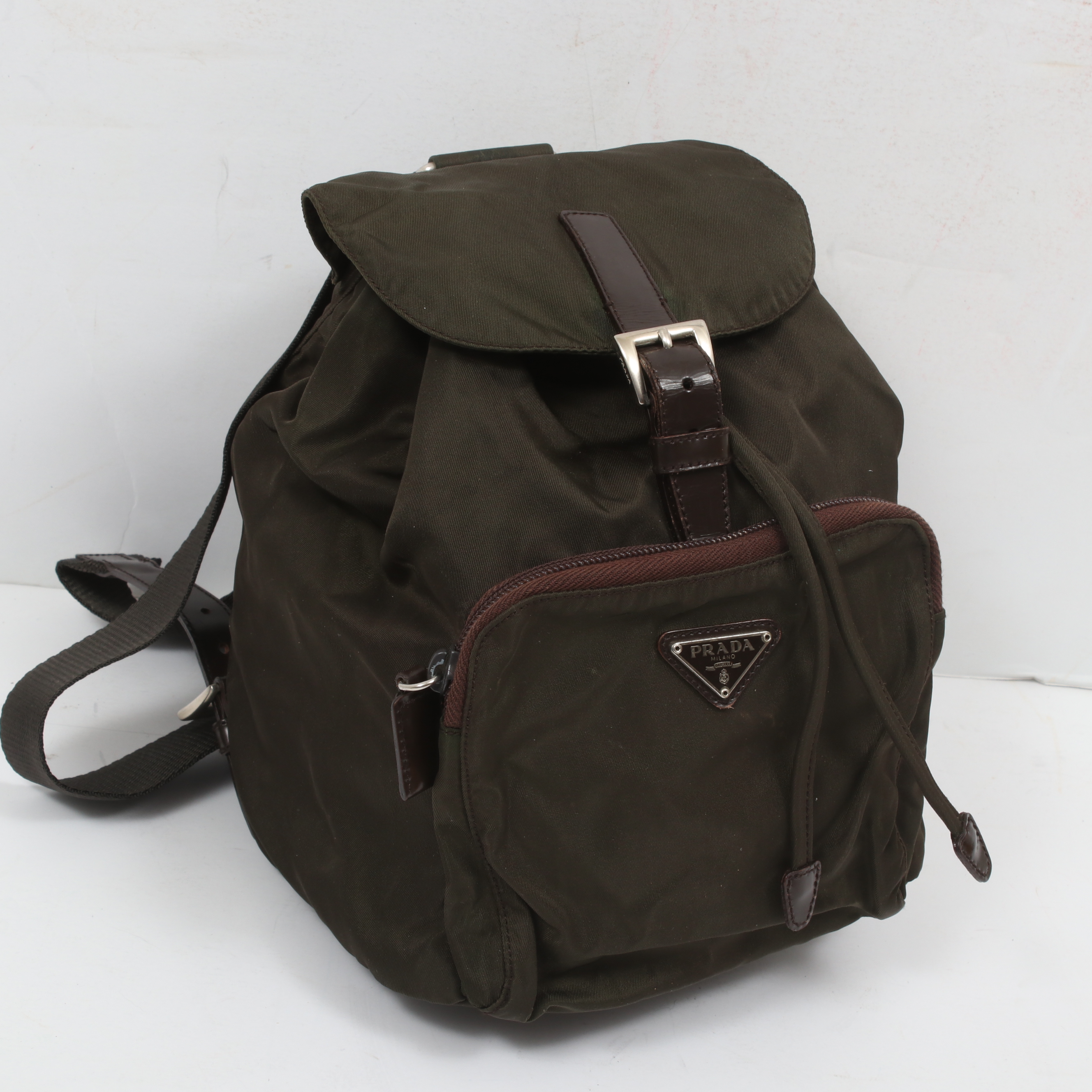 Prada Olive Green Tessuto Nylon and Brown Leather Mini Backpack Purse