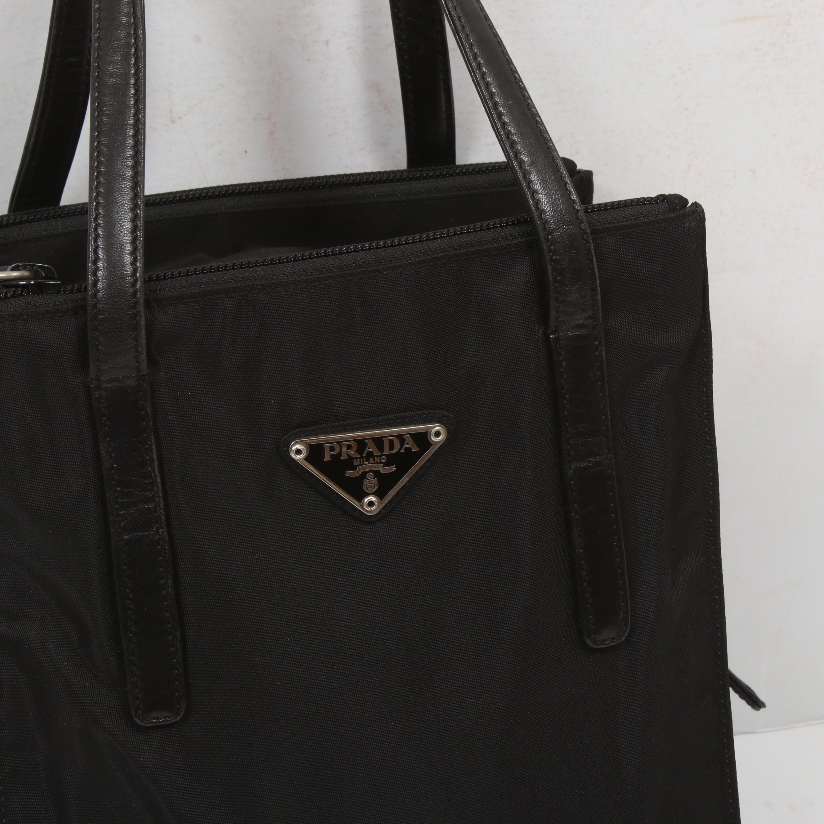 Prada Black Tessuto Nylon and Leather  Top Handle Bag