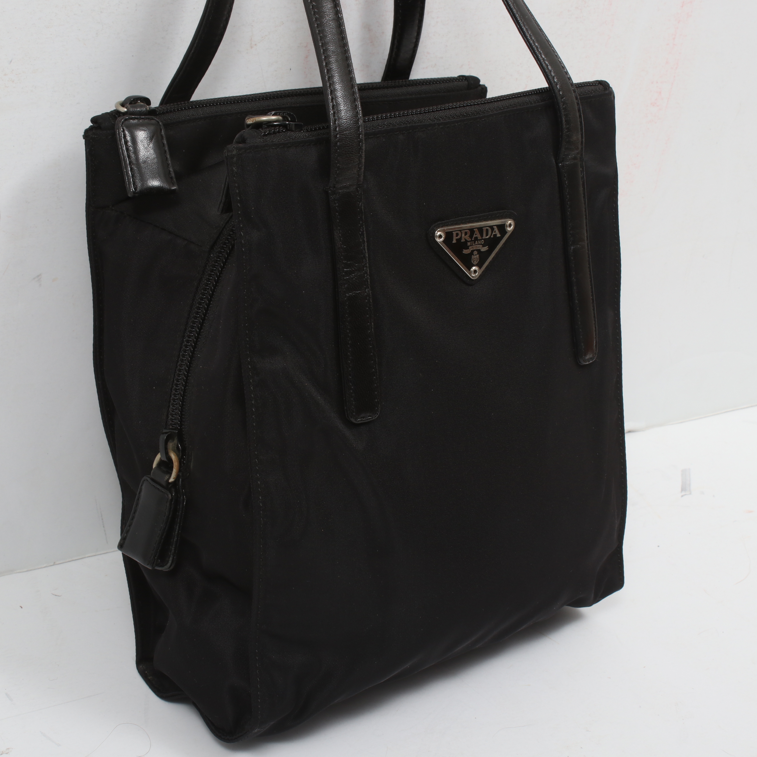 Prada Black Tessuto Nylon and Leather  Top Handle Bag
