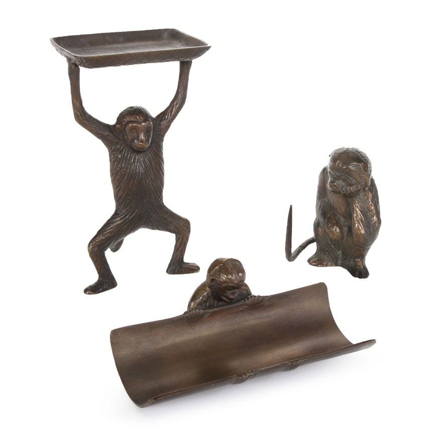 Bronze Patinated Brass Monkey Paperweight, Pen Tray, and Card Holder