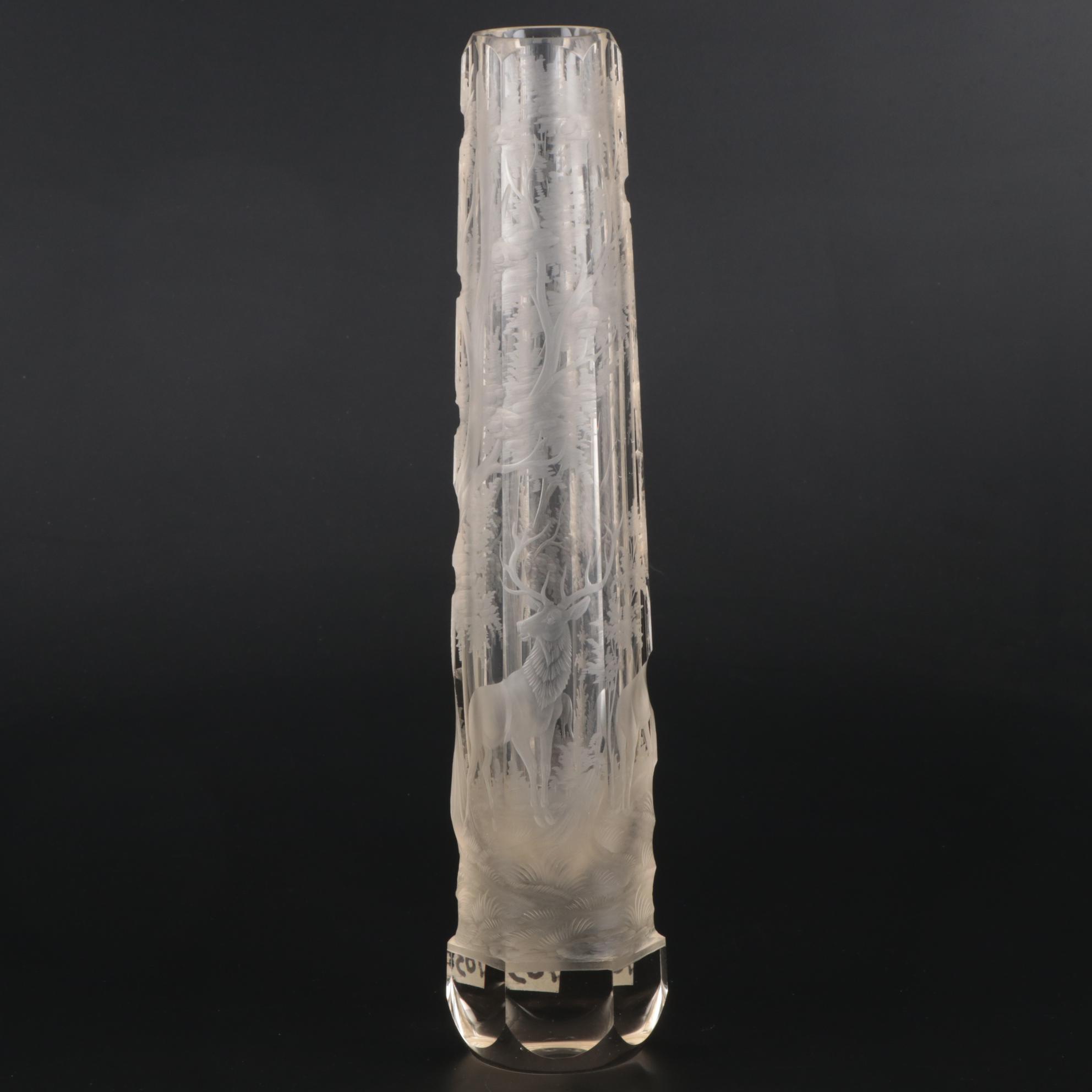 Elongated Etched Art Glass Vase with Forest Scene, Mid to Late 20th Century