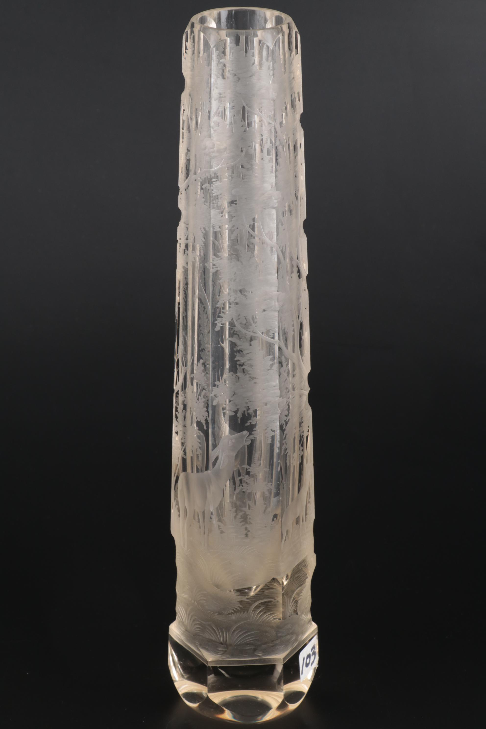 Elongated Etched Art Glass Vase with Forest Scene, Mid to Late 20th Century