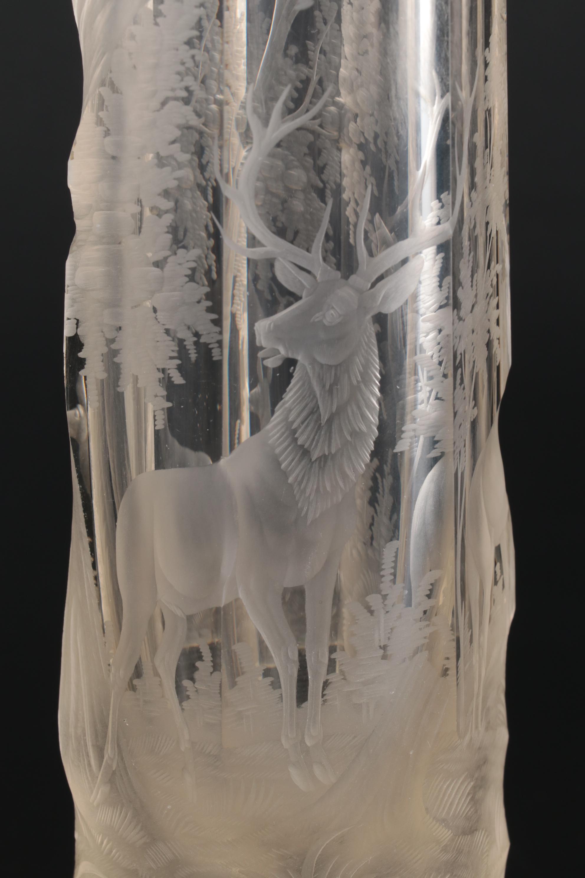 Elongated Etched Art Glass Vase with Forest Scene, Mid to Late 20th Century