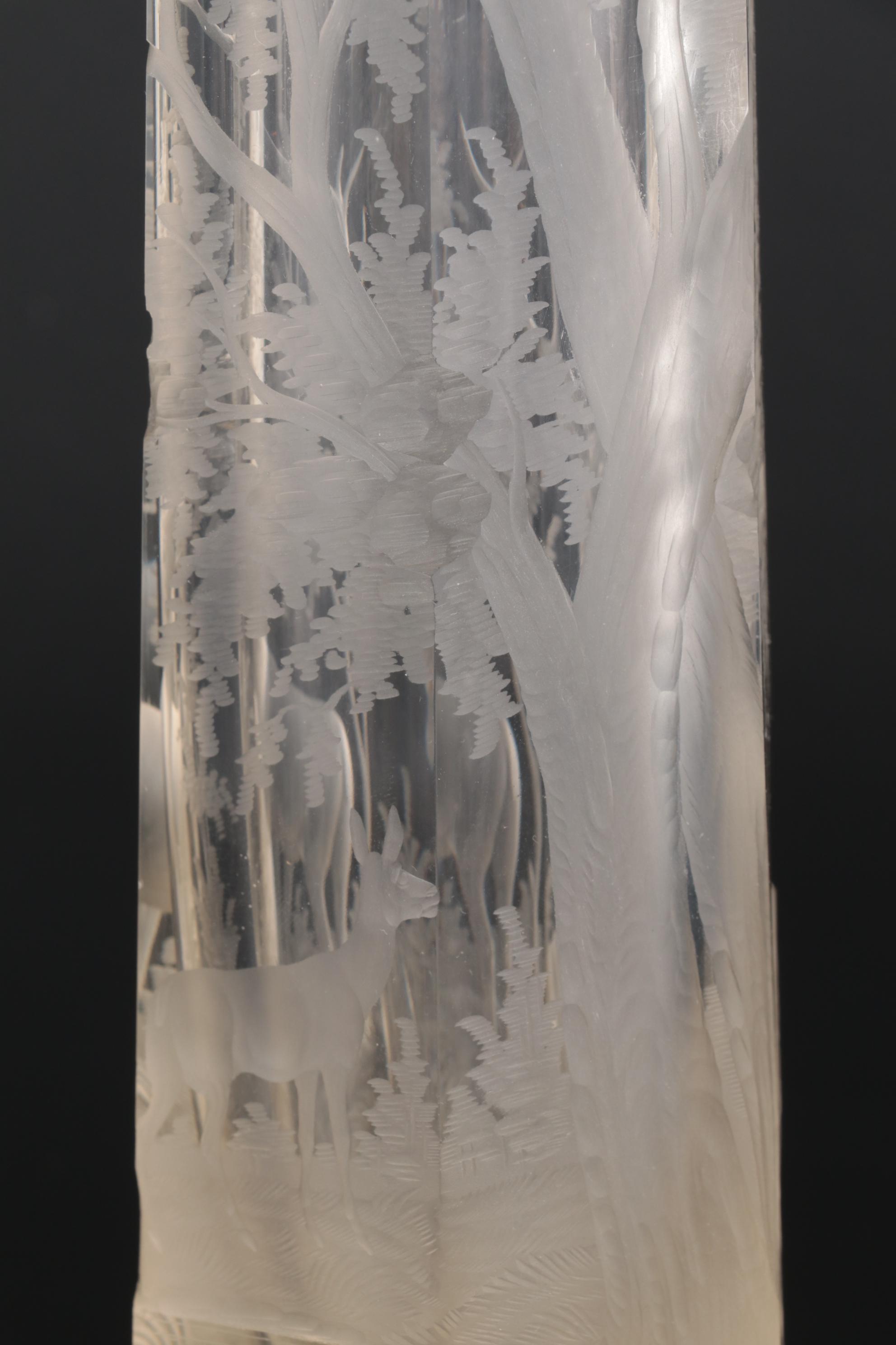 Elongated Etched Art Glass Vase with Forest Scene, Mid to Late 20th Century