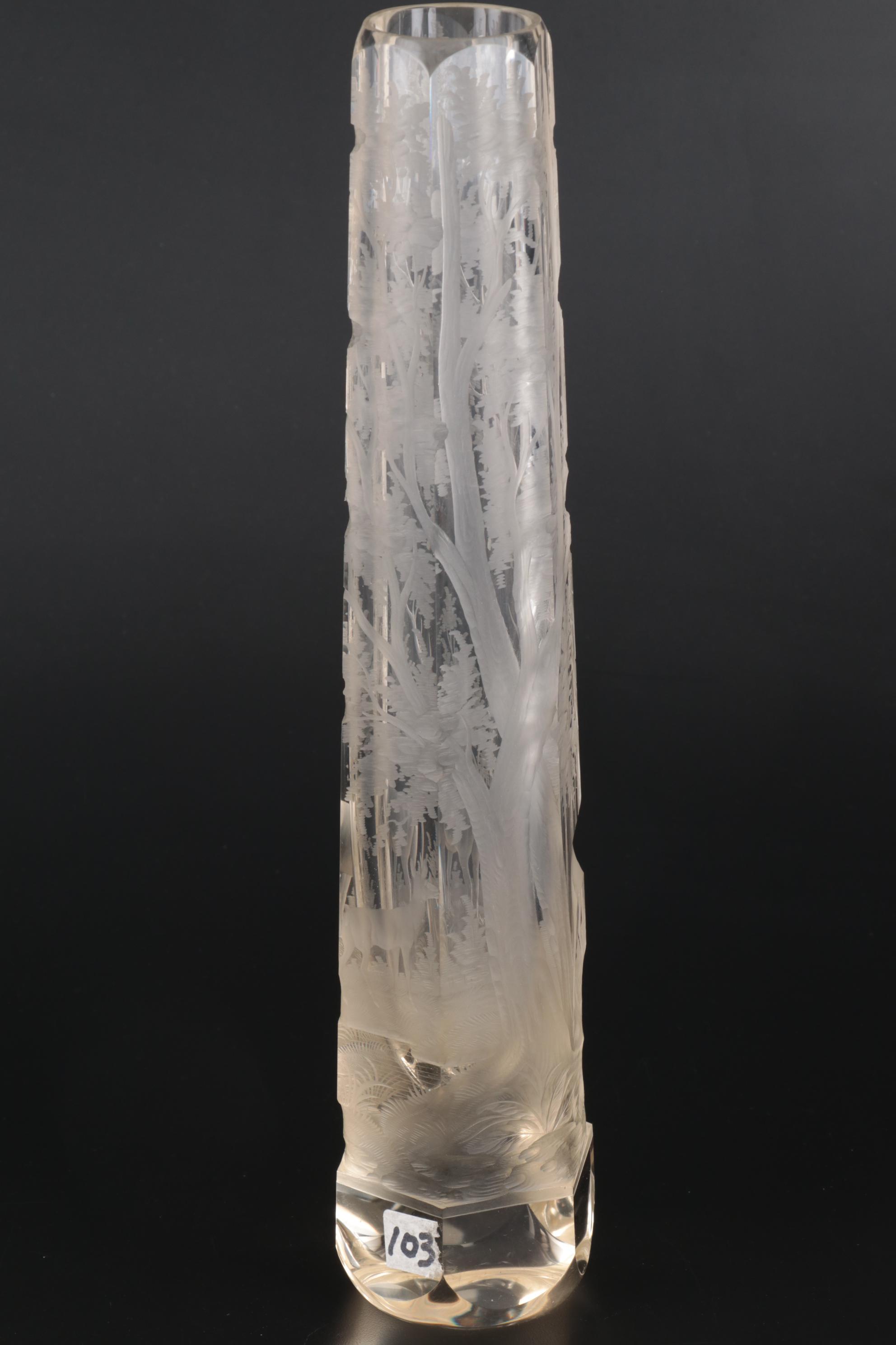 Elongated Etched Art Glass Vase with Forest Scene, Mid to Late 20th Century