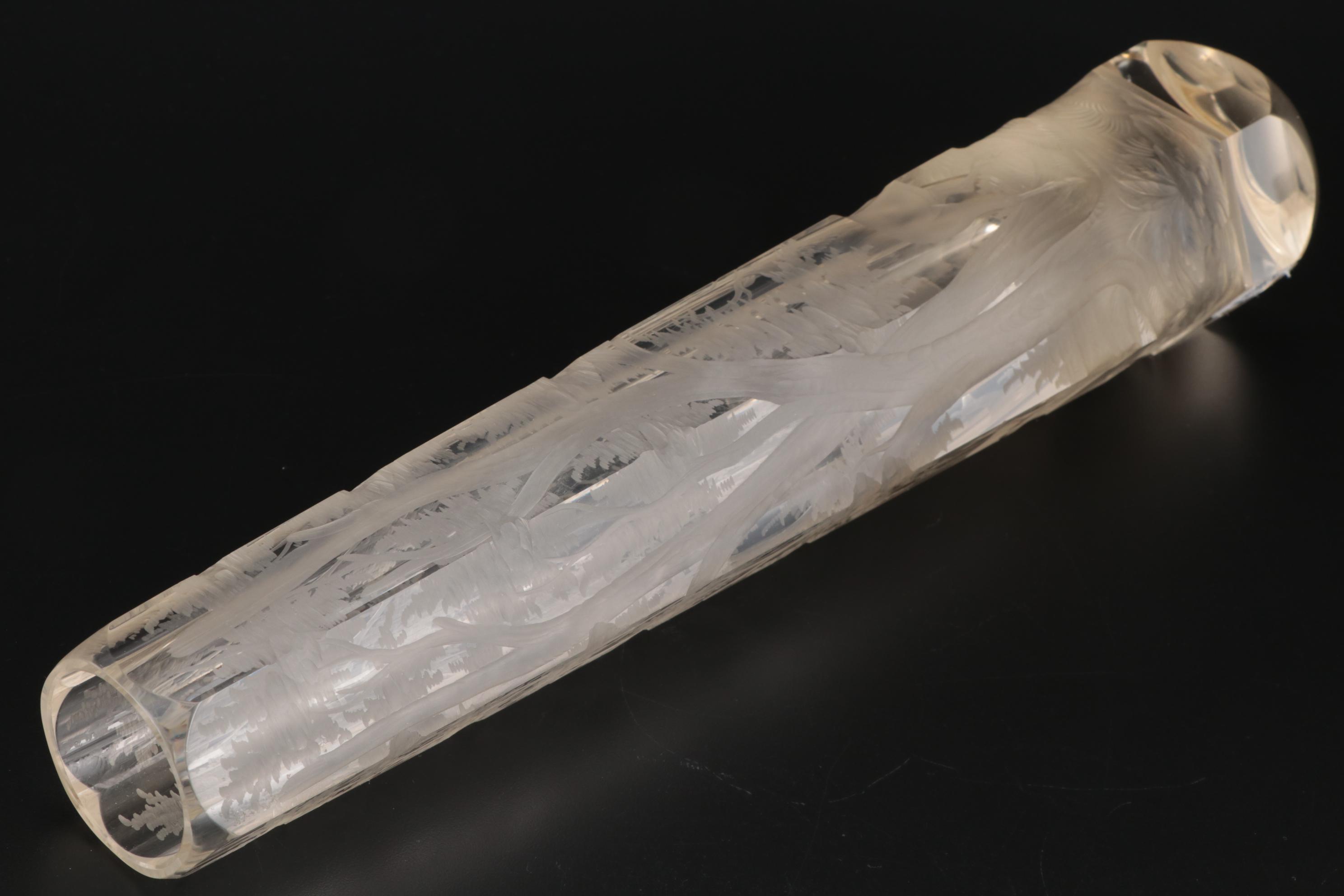 Elongated Etched Art Glass Vase with Forest Scene, Mid to Late 20th Century