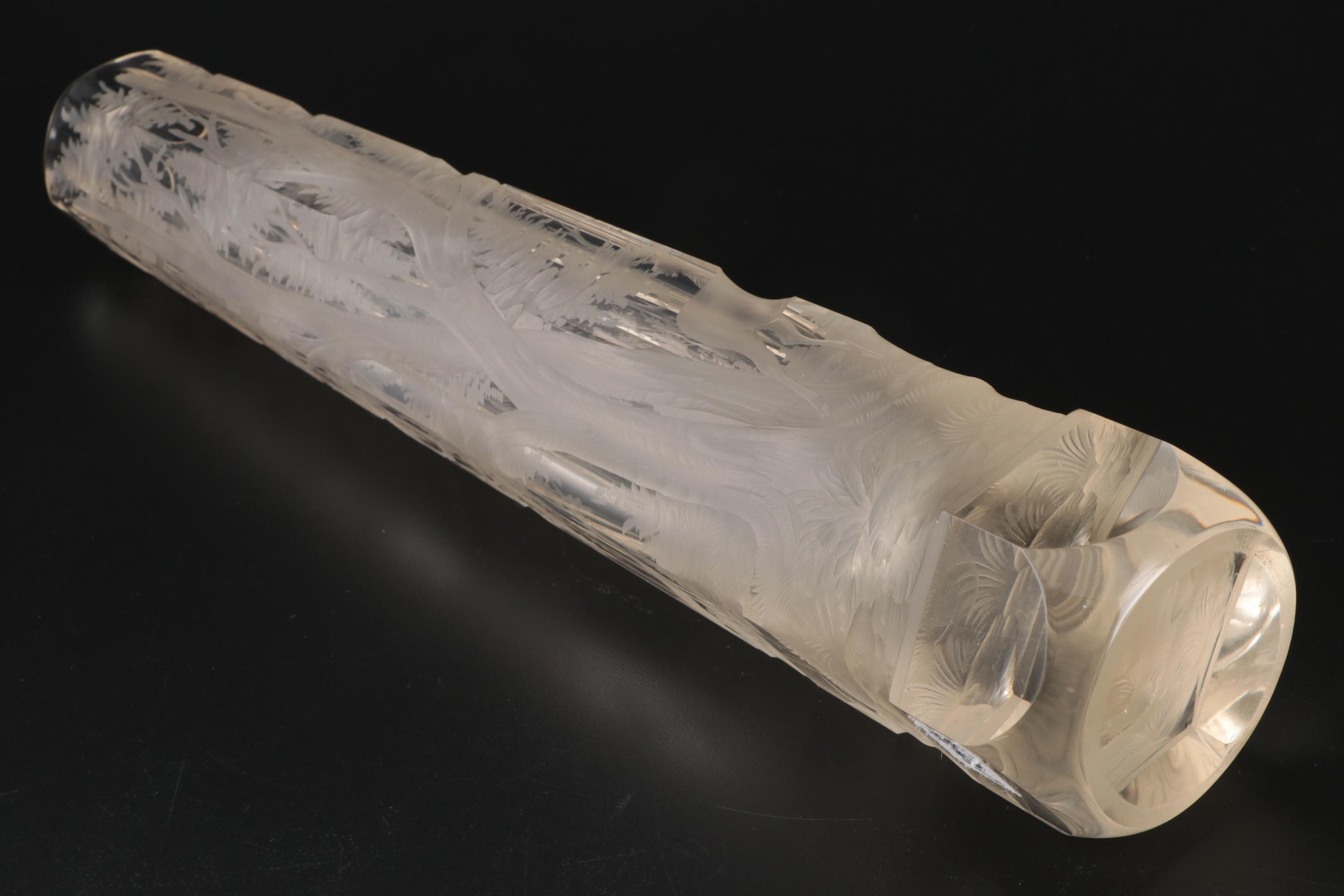 Elongated Etched Art Glass Vase with Forest Scene, Mid to Late 20th Century