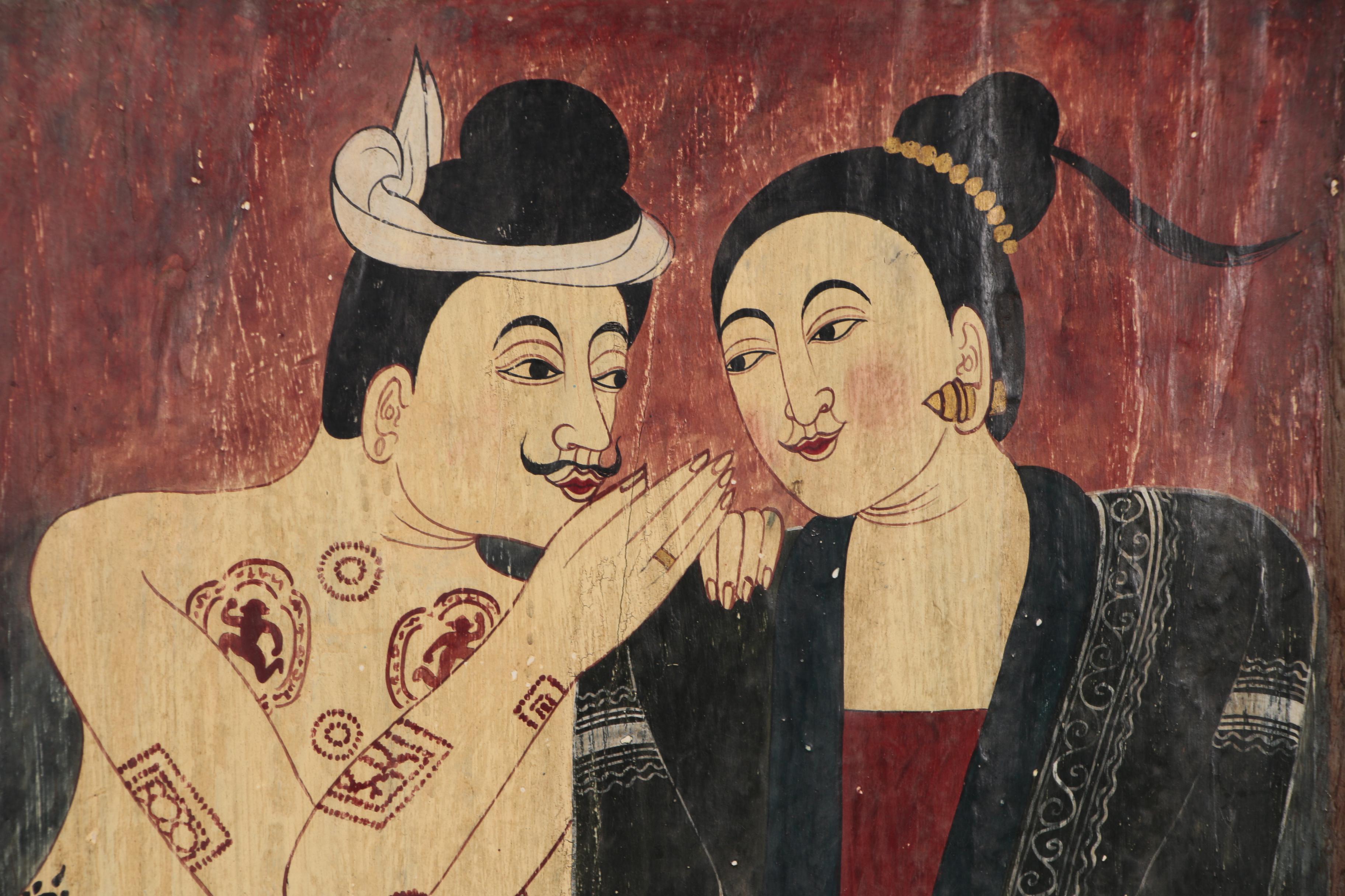 Thai Painted Wood Tray, After Wat Phumin Mural, Late 19th/20th Century