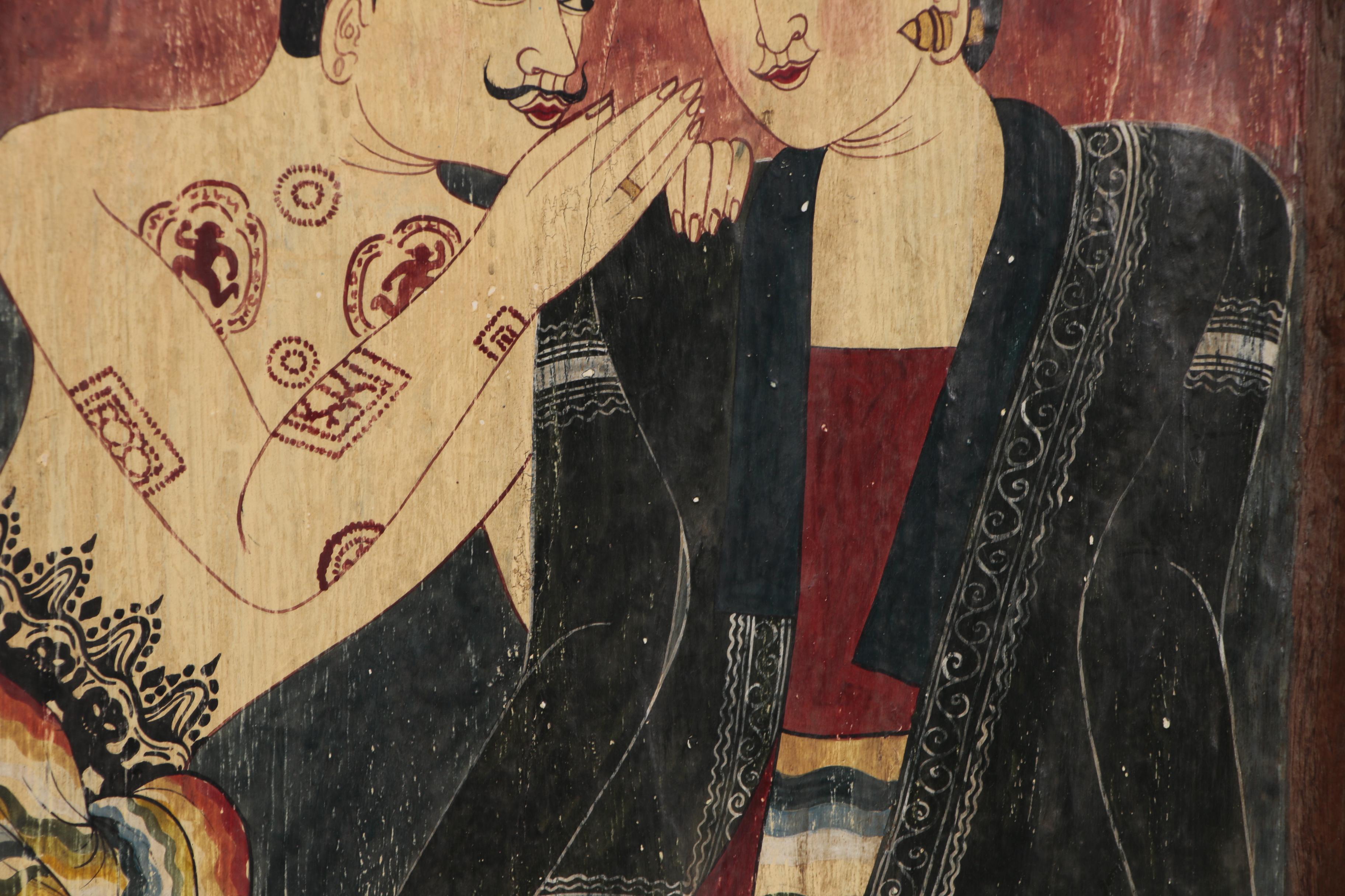 Thai Painted Wood Tray, After Wat Phumin Mural, Late 19th/20th Century