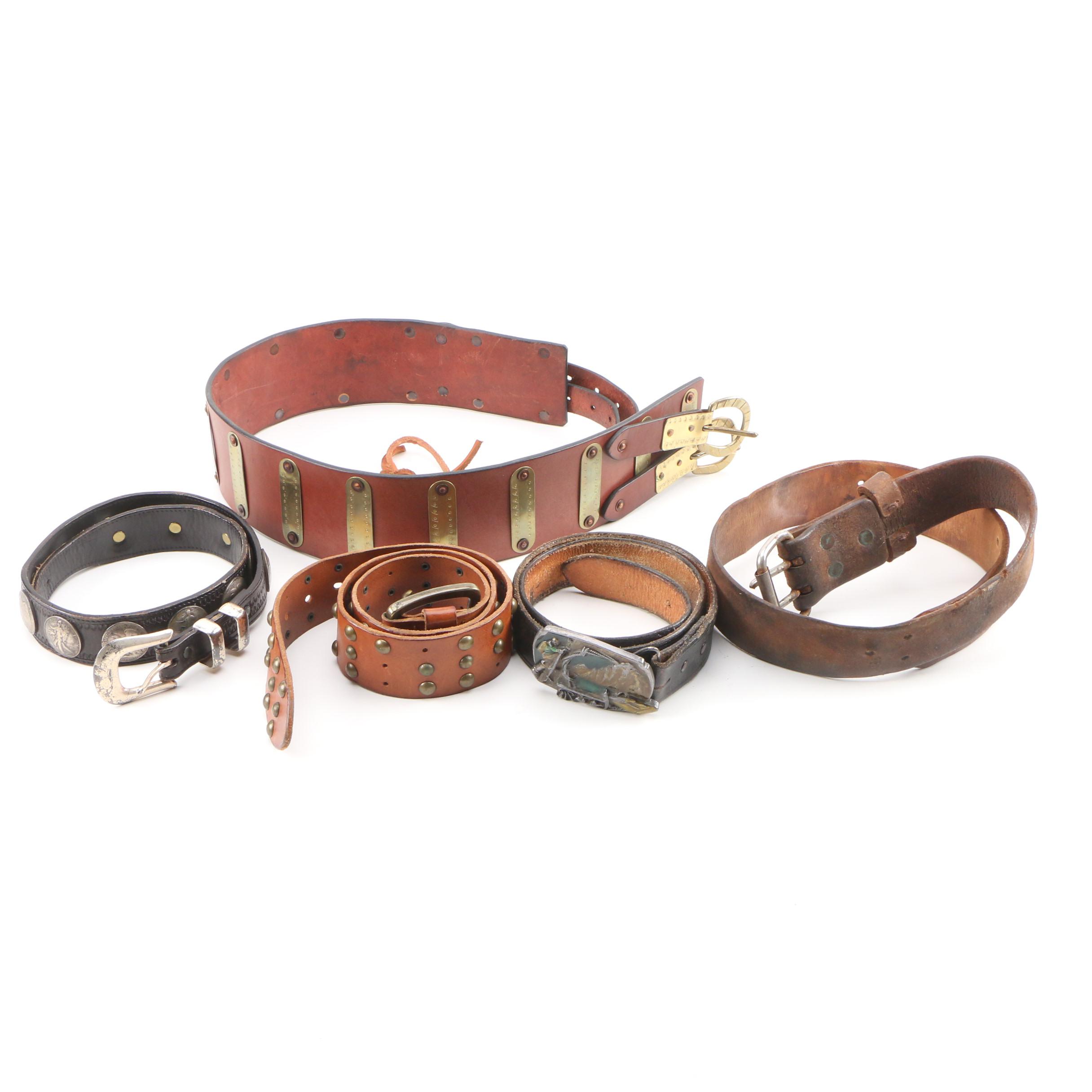 Siskiyou and Liberty Coin Tooled Black Leather Belt with Other Belts, Vintage