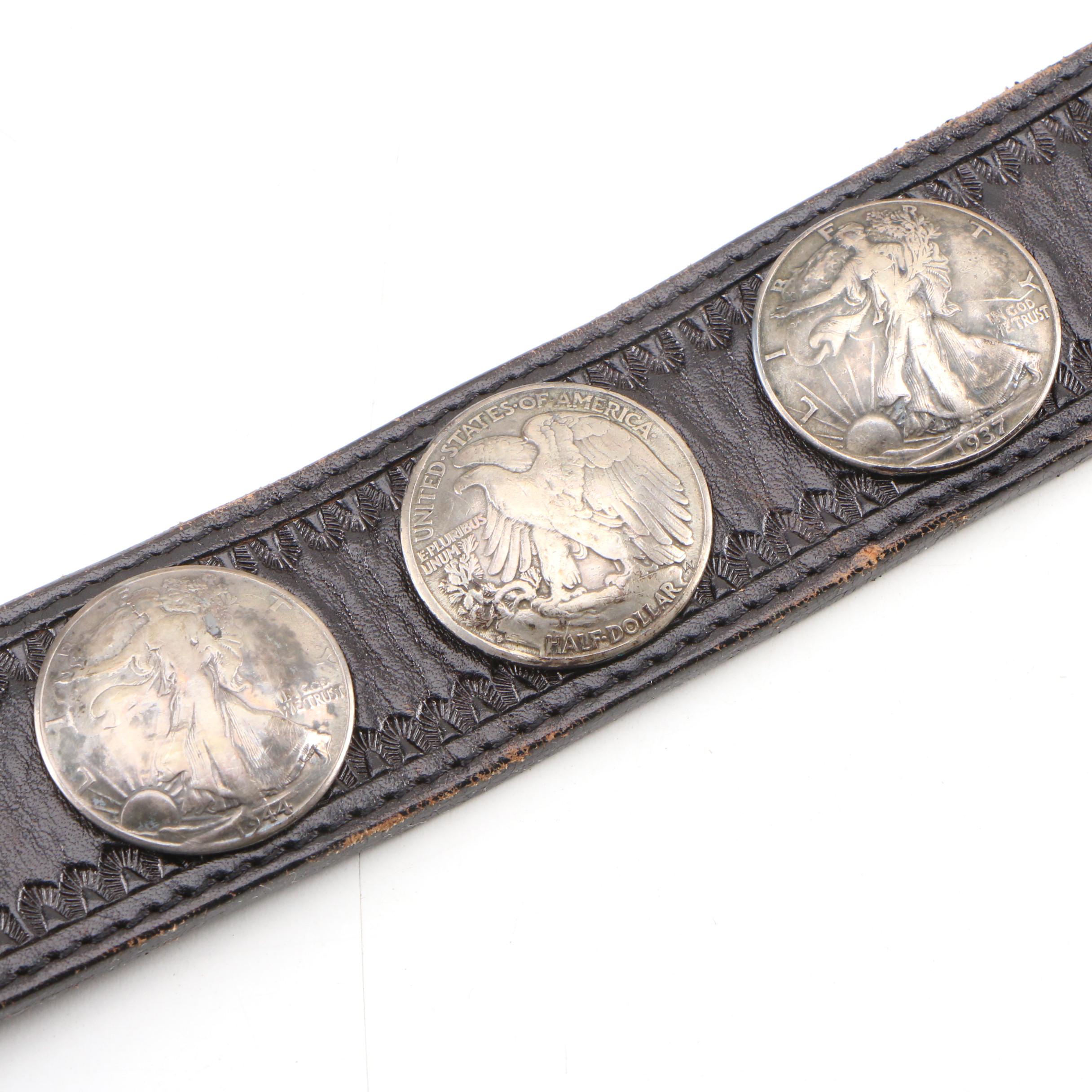 Siskiyou and Liberty Coin Tooled Black Leather Belt with Other Belts, Vintage