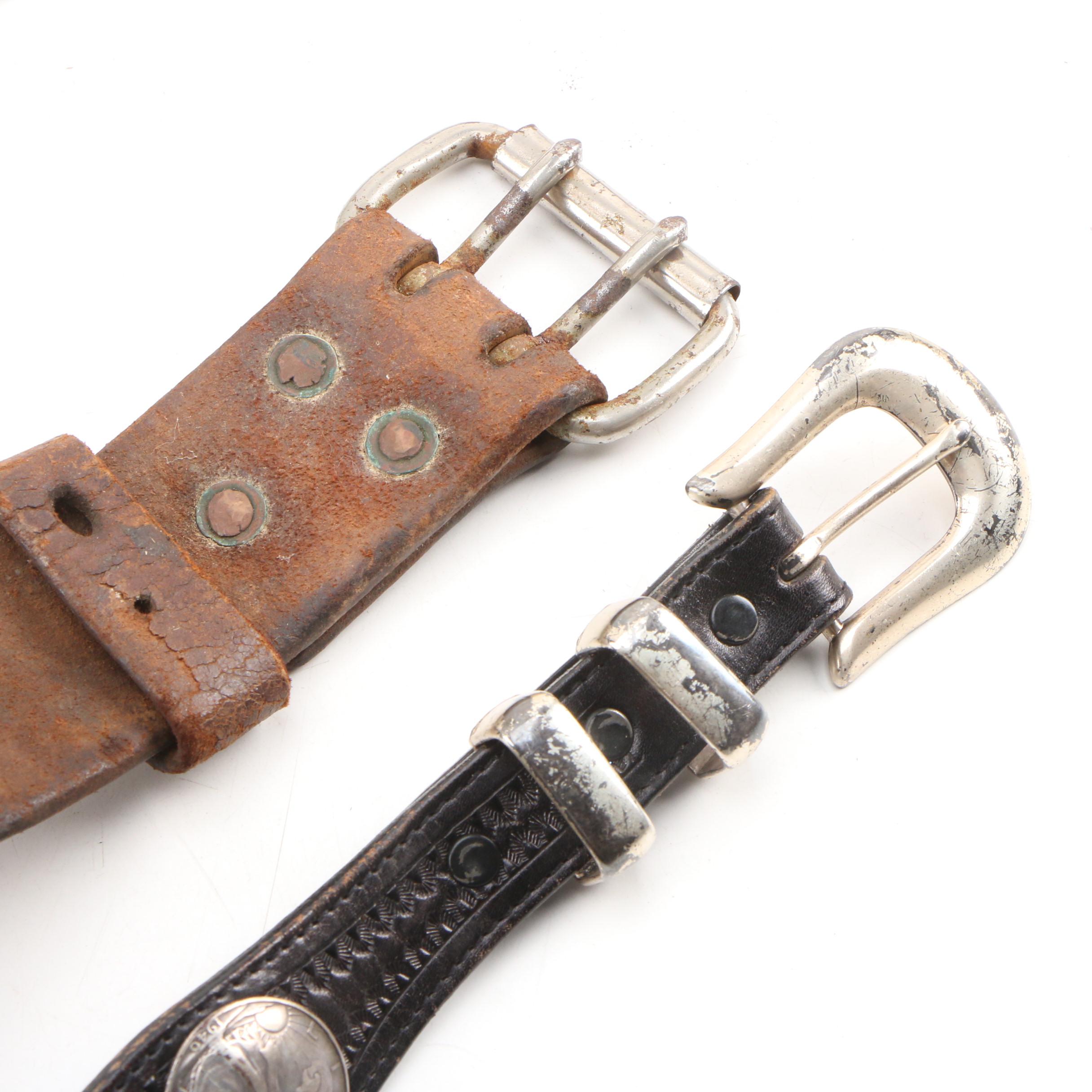 Siskiyou and Liberty Coin Tooled Black Leather Belt with Other Belts, Vintage