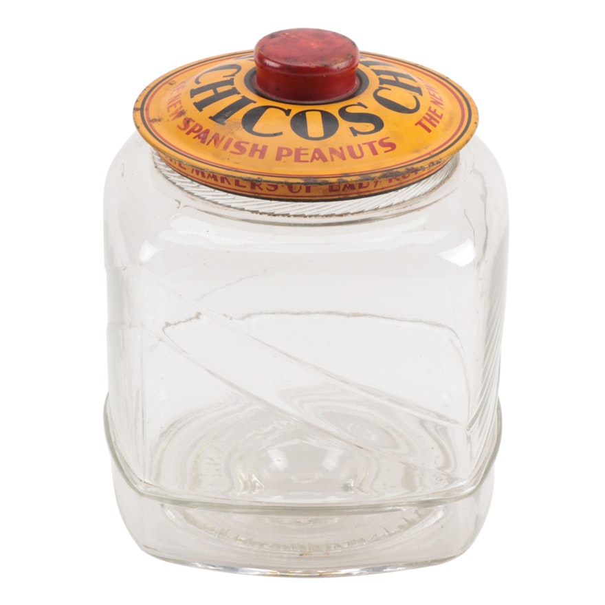 Chicos Spanish Peanuts Glass and Tin Lithograph Counter Lidded Jar, 1920s