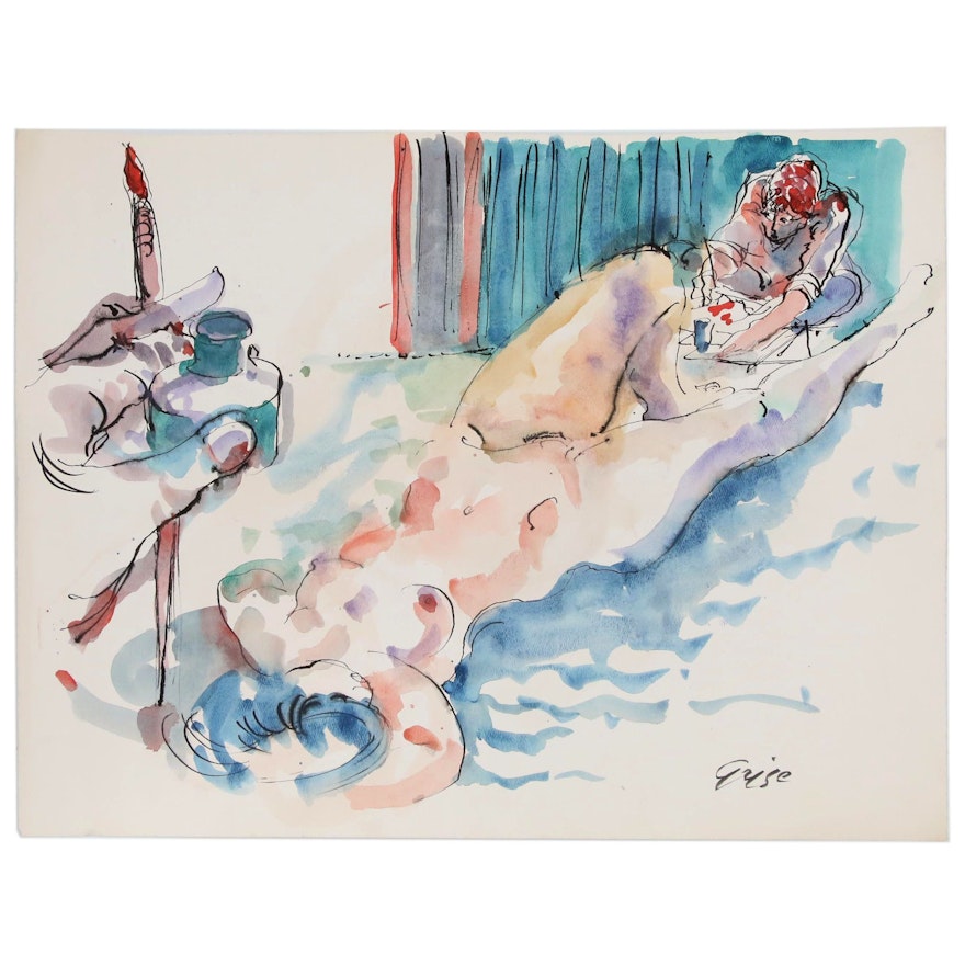 Hendrik Grise Watercolor Painting of Nude Figure