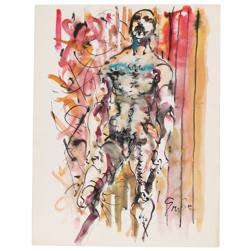 Hendrik Grise Ink and Watercolor Painting of Figure