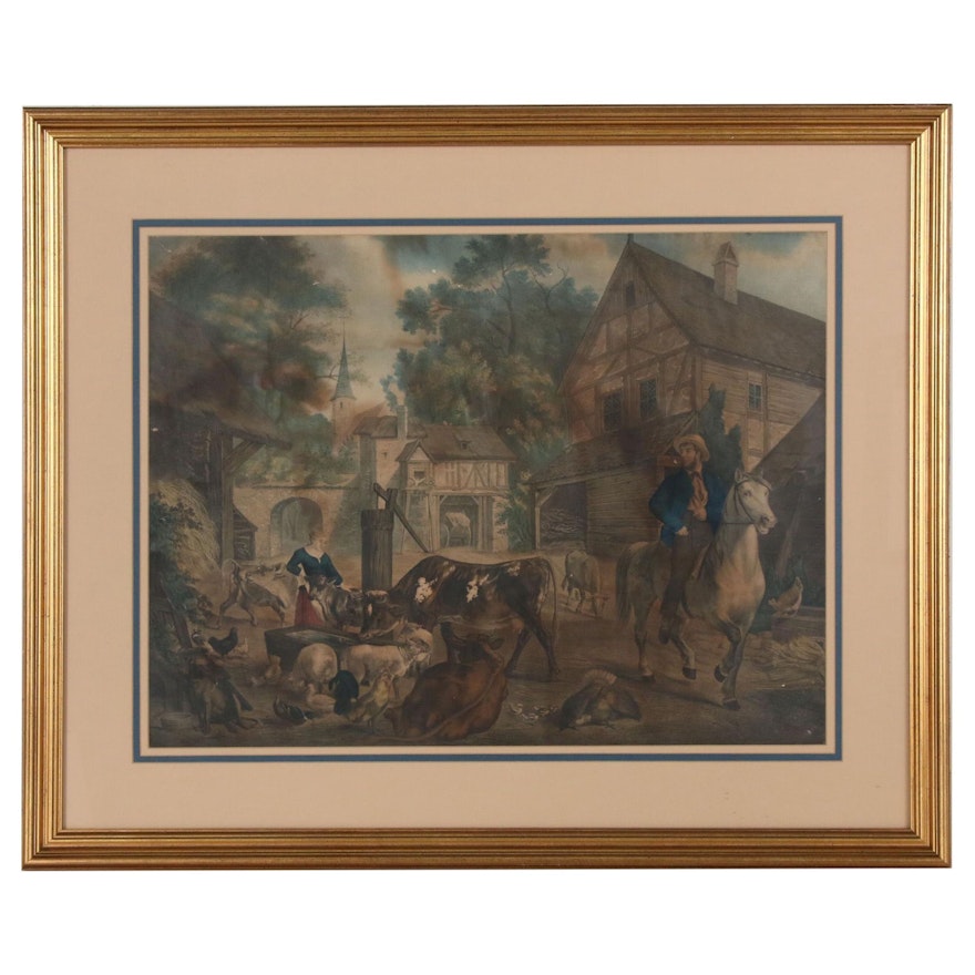 Hand-colored Lithograph of German Genre Scene