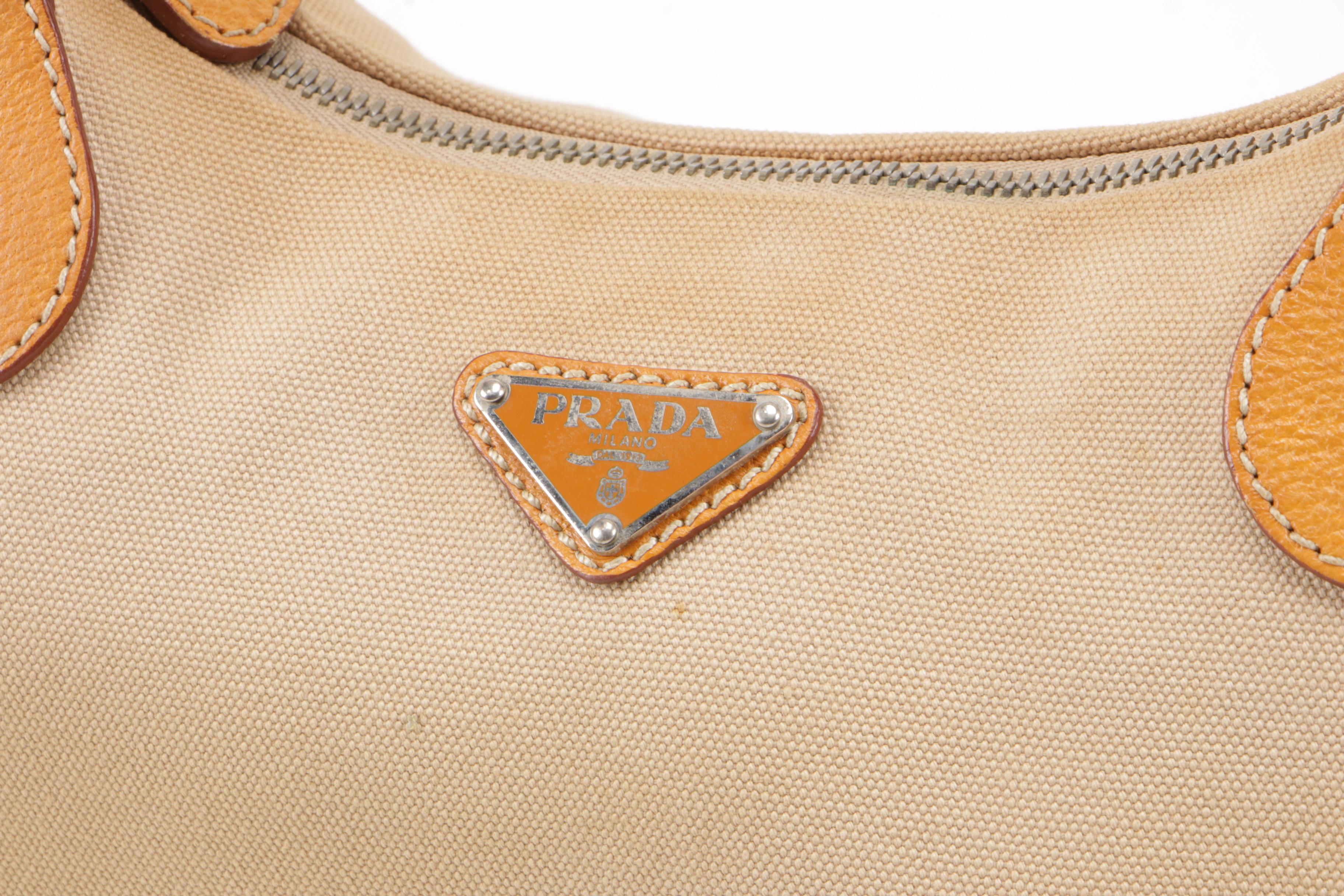 Prada Beige Canvas and Maize Leather Baguette