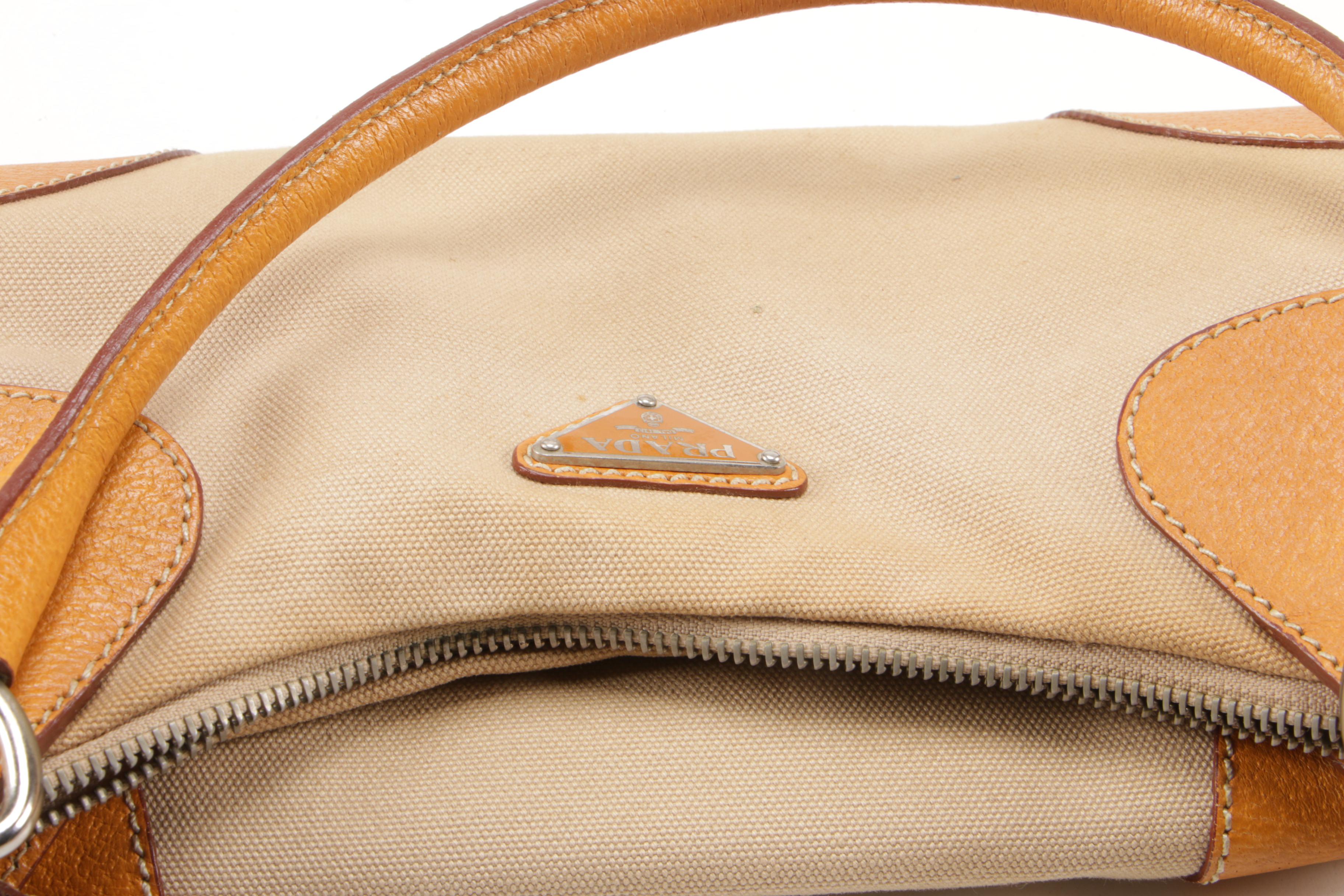 Prada Beige Canvas and Maize Leather Baguette