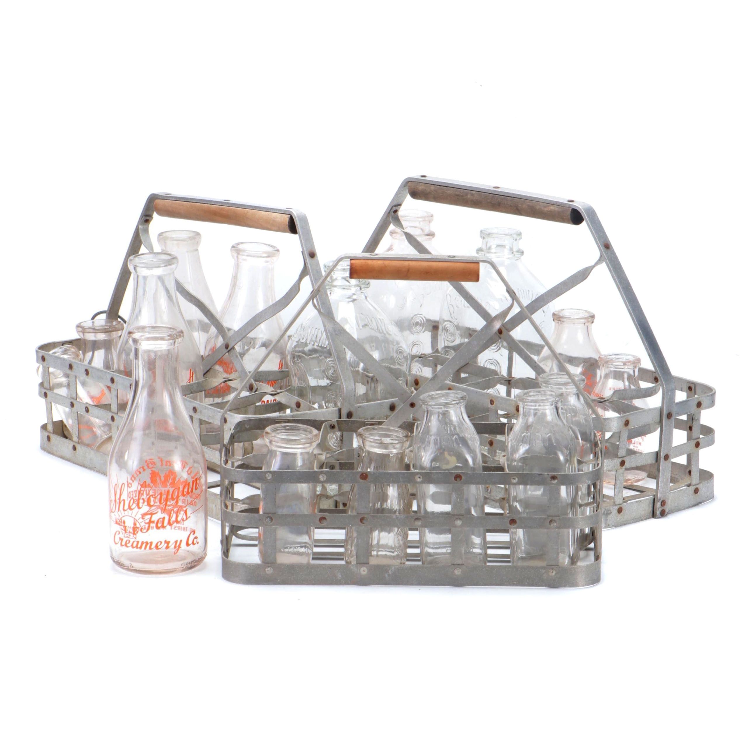 Milk Bottles with Metal Carrying Baskets