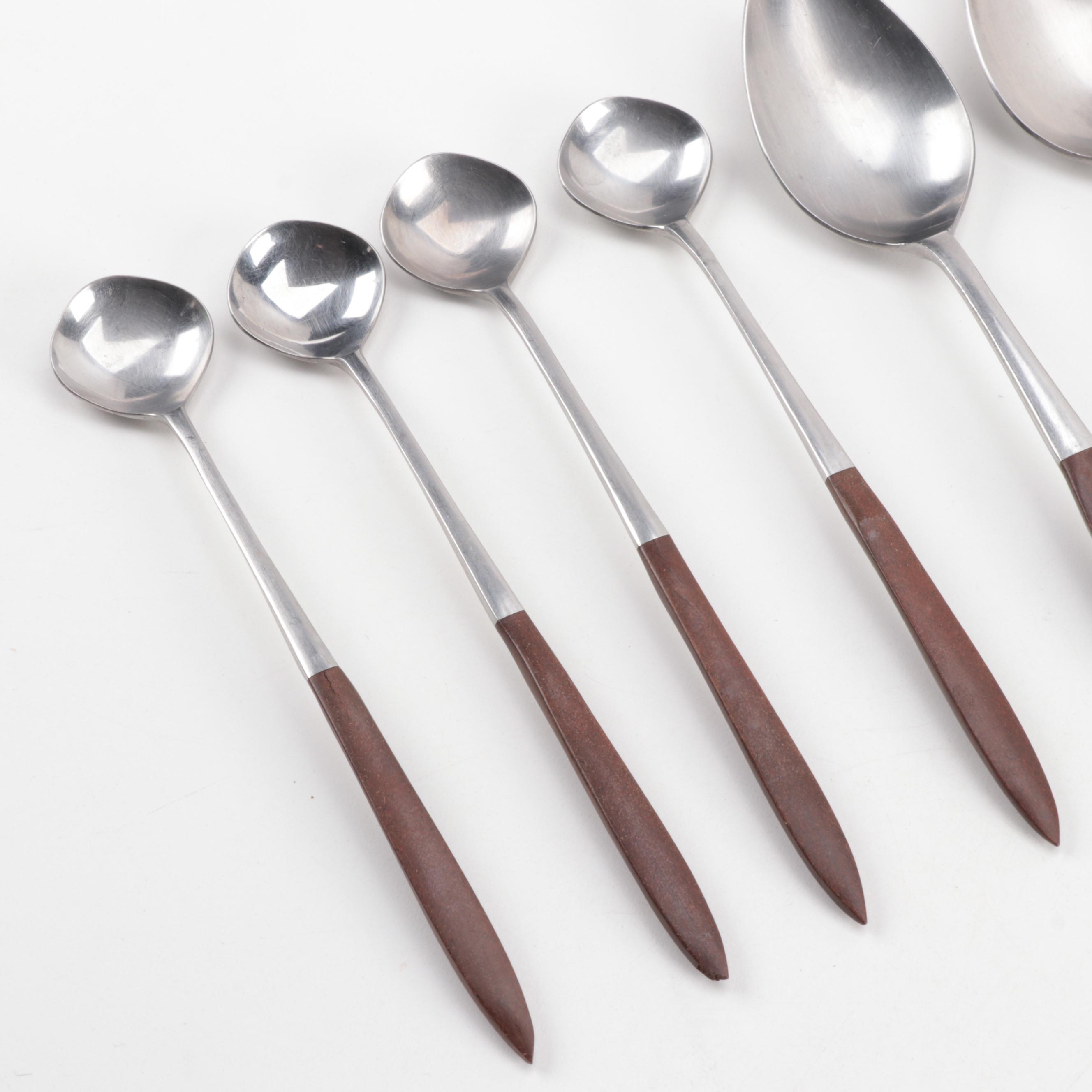 Mid Century Modern Japanese Stainless Steel Flatware with Wooden Handles