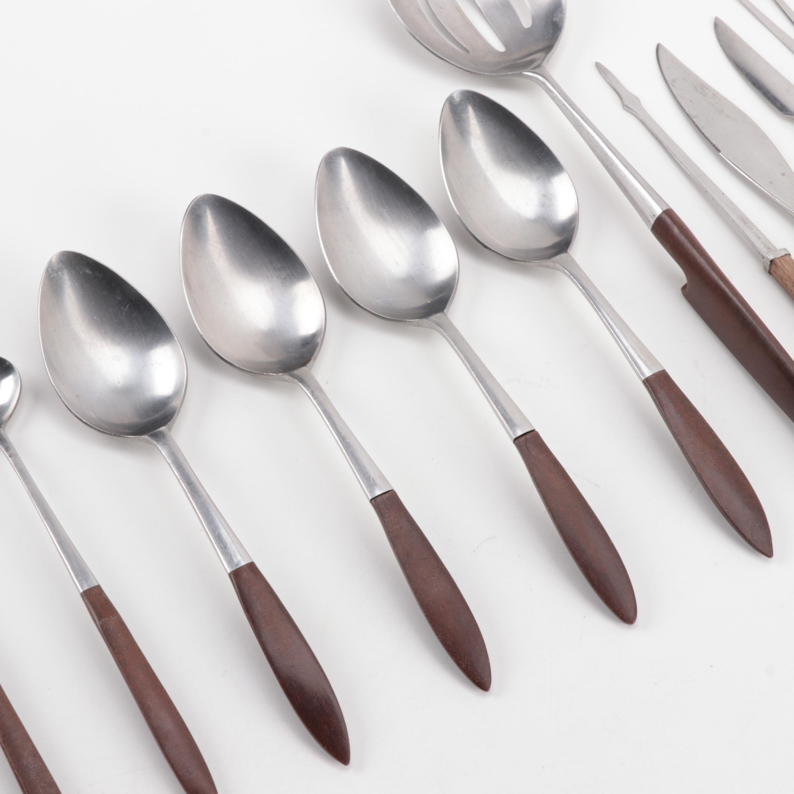 Mid Century Modern Japanese Stainless Steel Flatware with Wooden Handles
