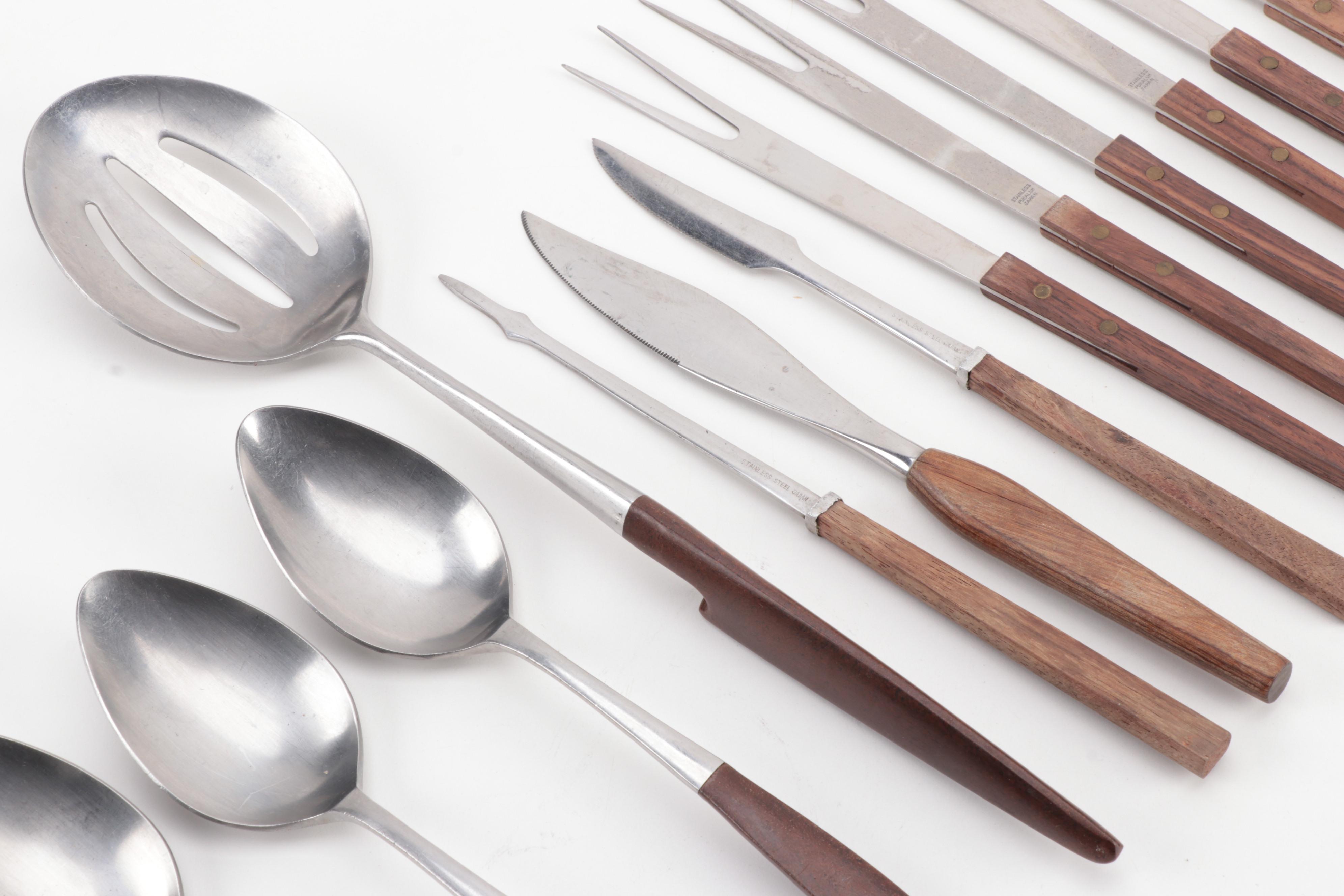 Mid Century Modern Japanese Stainless Steel Flatware with Wooden Handles