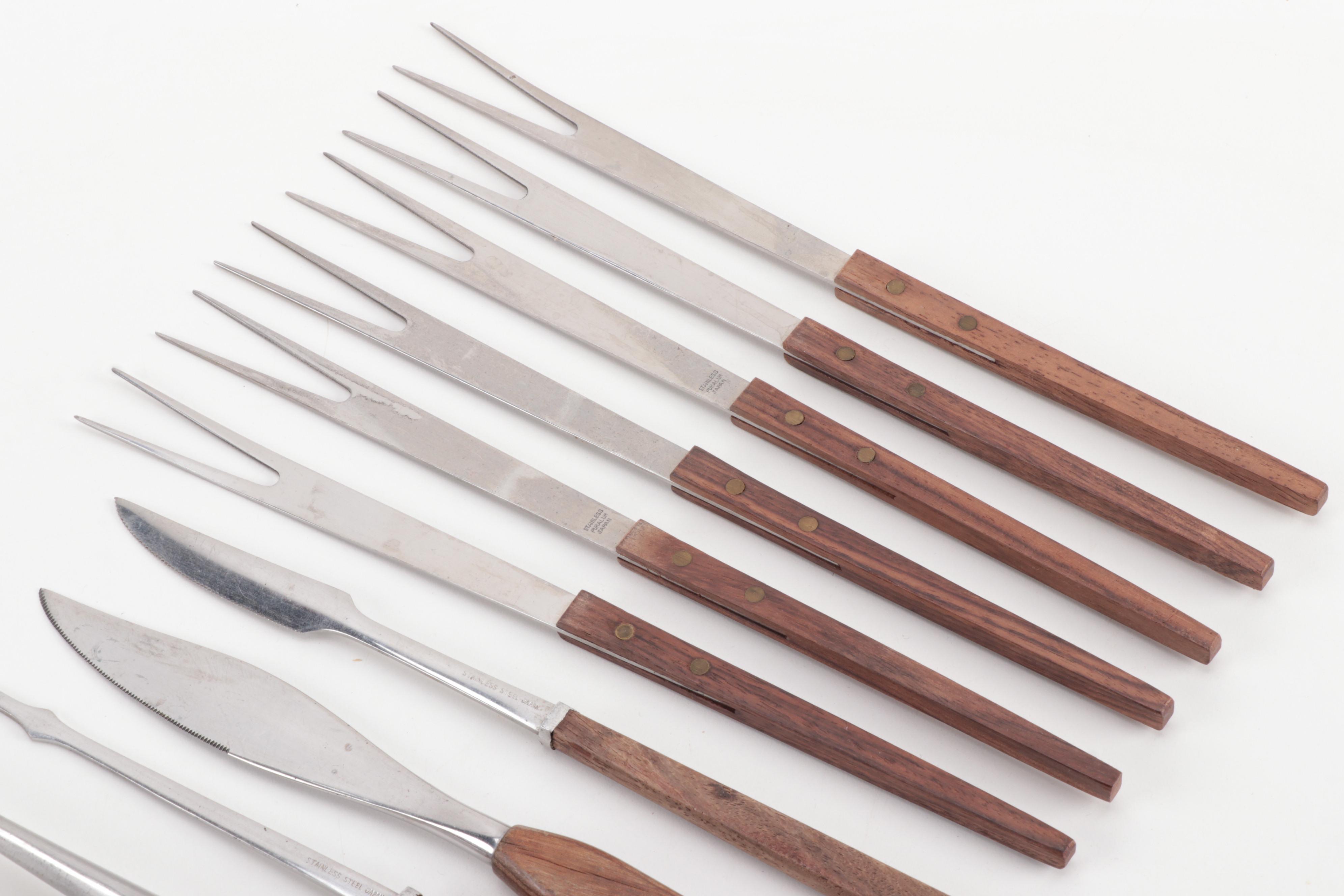 Mid Century Modern Japanese Stainless Steel Flatware with Wooden Handles