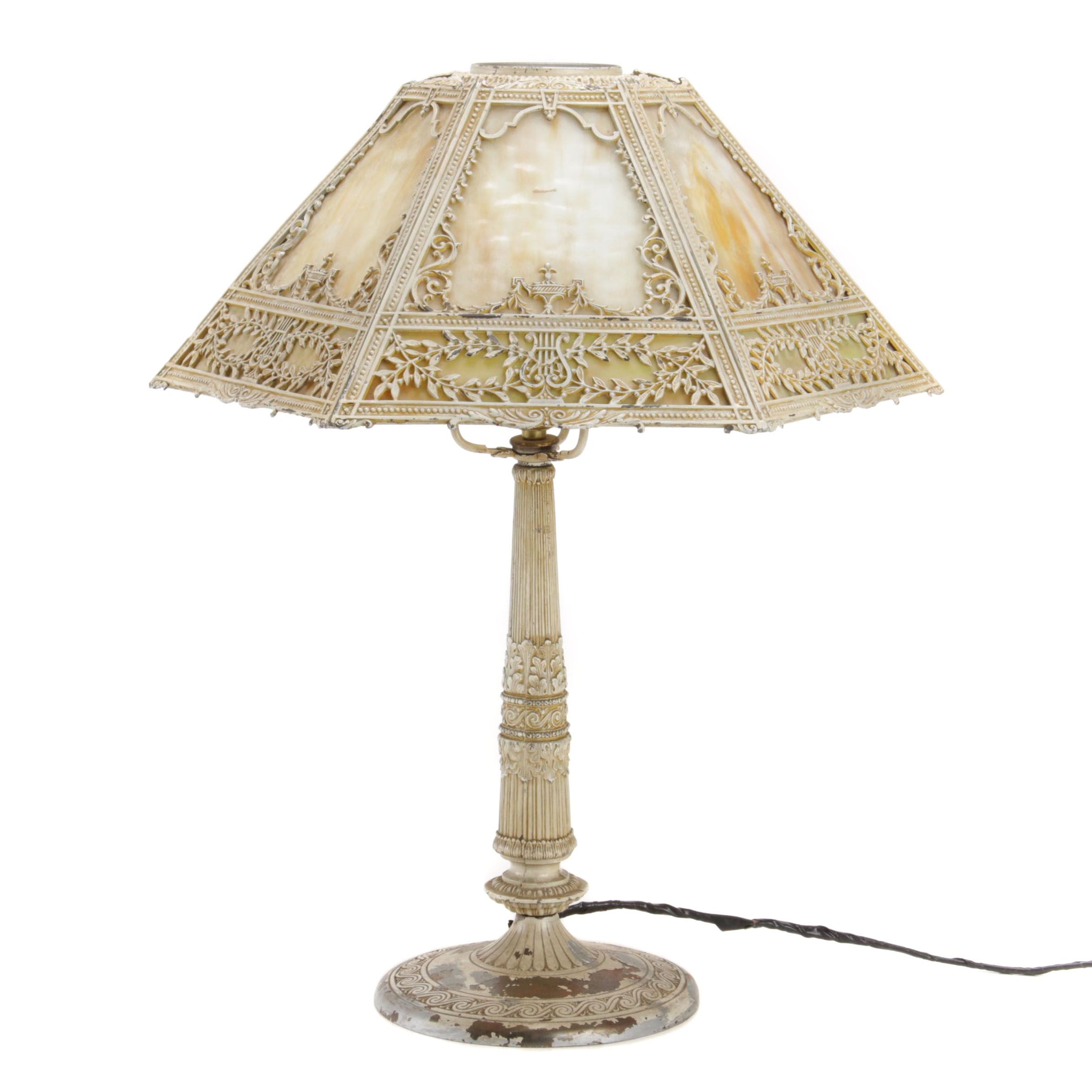 Miller Lamp Co. Gilt Metal Lamp with Slag Glass Shade, Early 20th C.