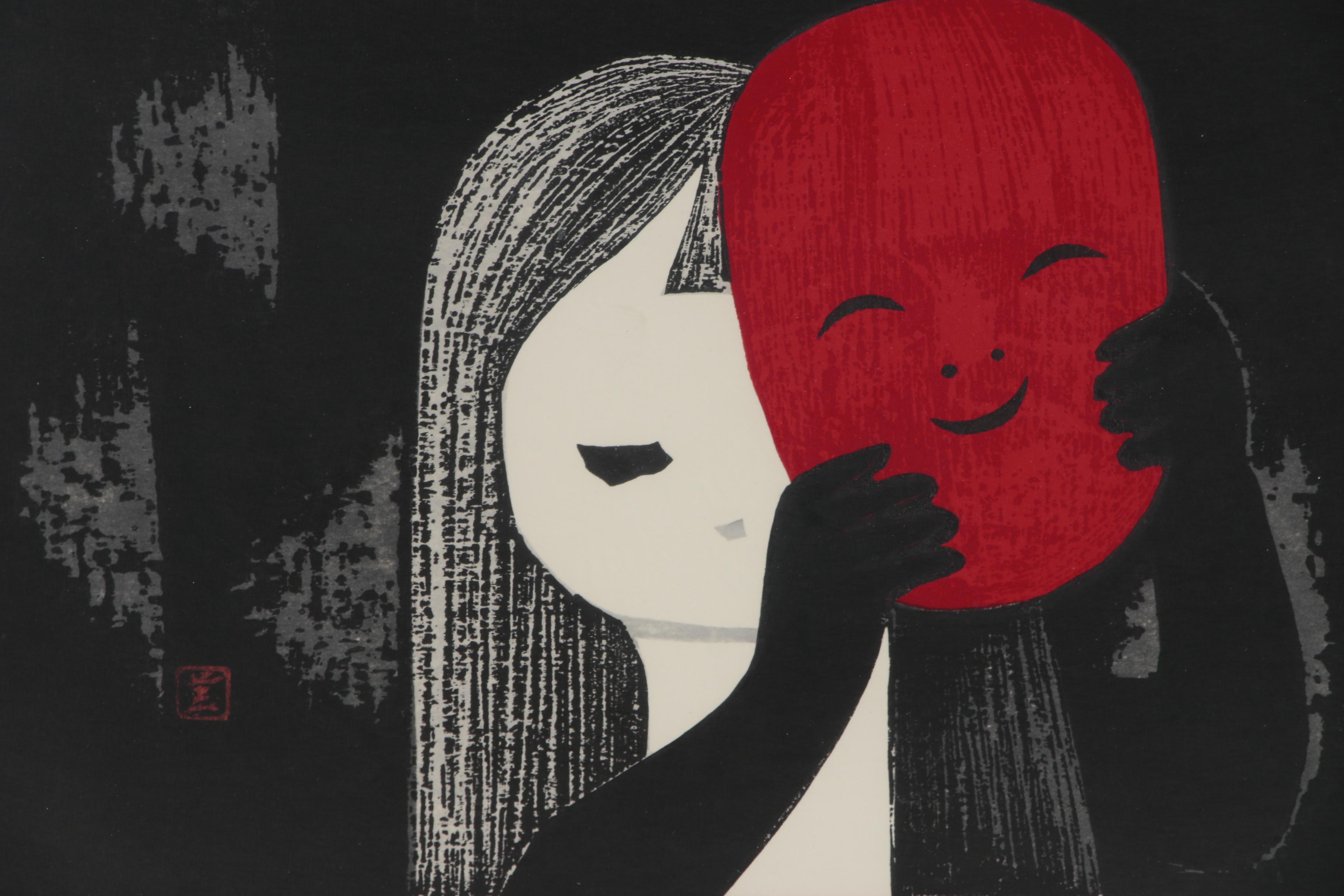 Kaoru Kawano Woodblock of a Girl with a Red Mask, Mid-20th Century