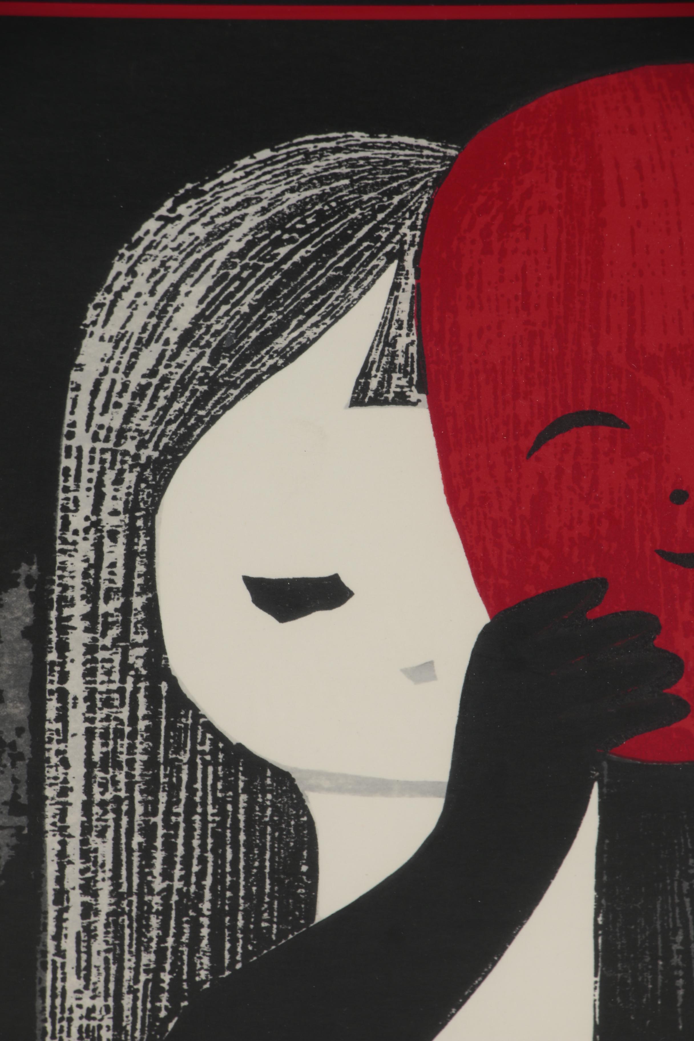 Kaoru Kawano Woodblock of a Girl with a Red Mask, Mid-20th Century