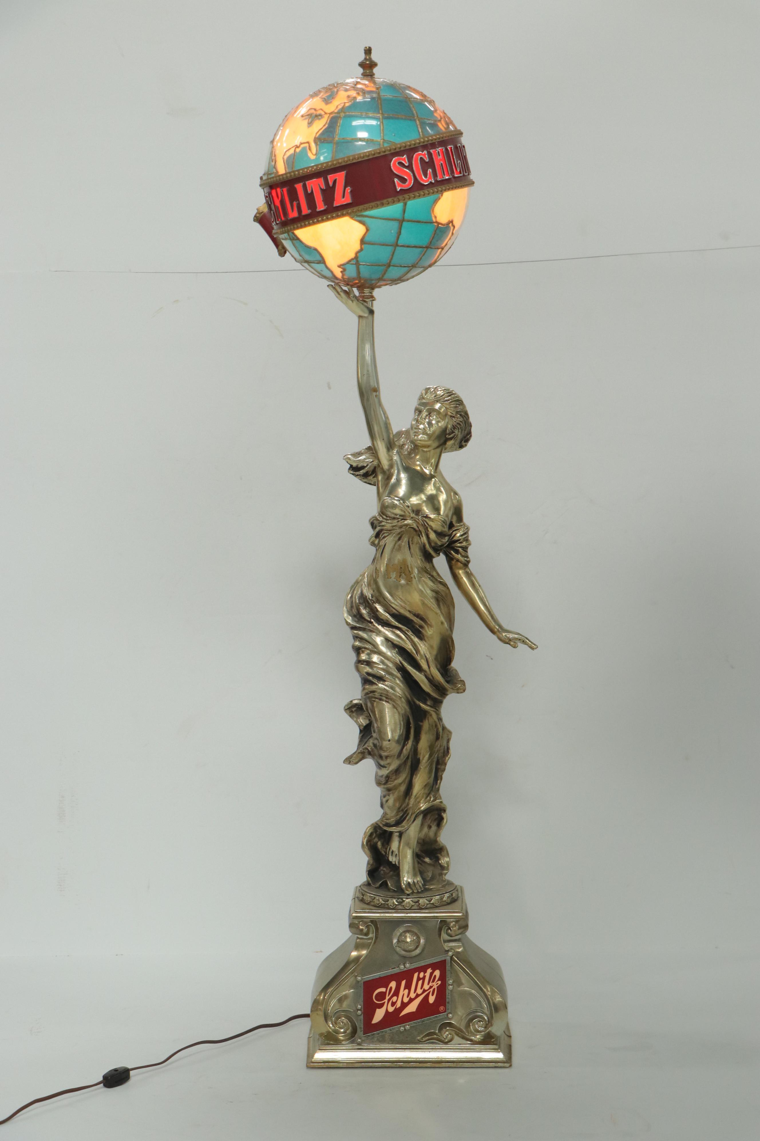 Schlitz Beer Woman Holding World Illuminated Beer Lamp Display, 1976