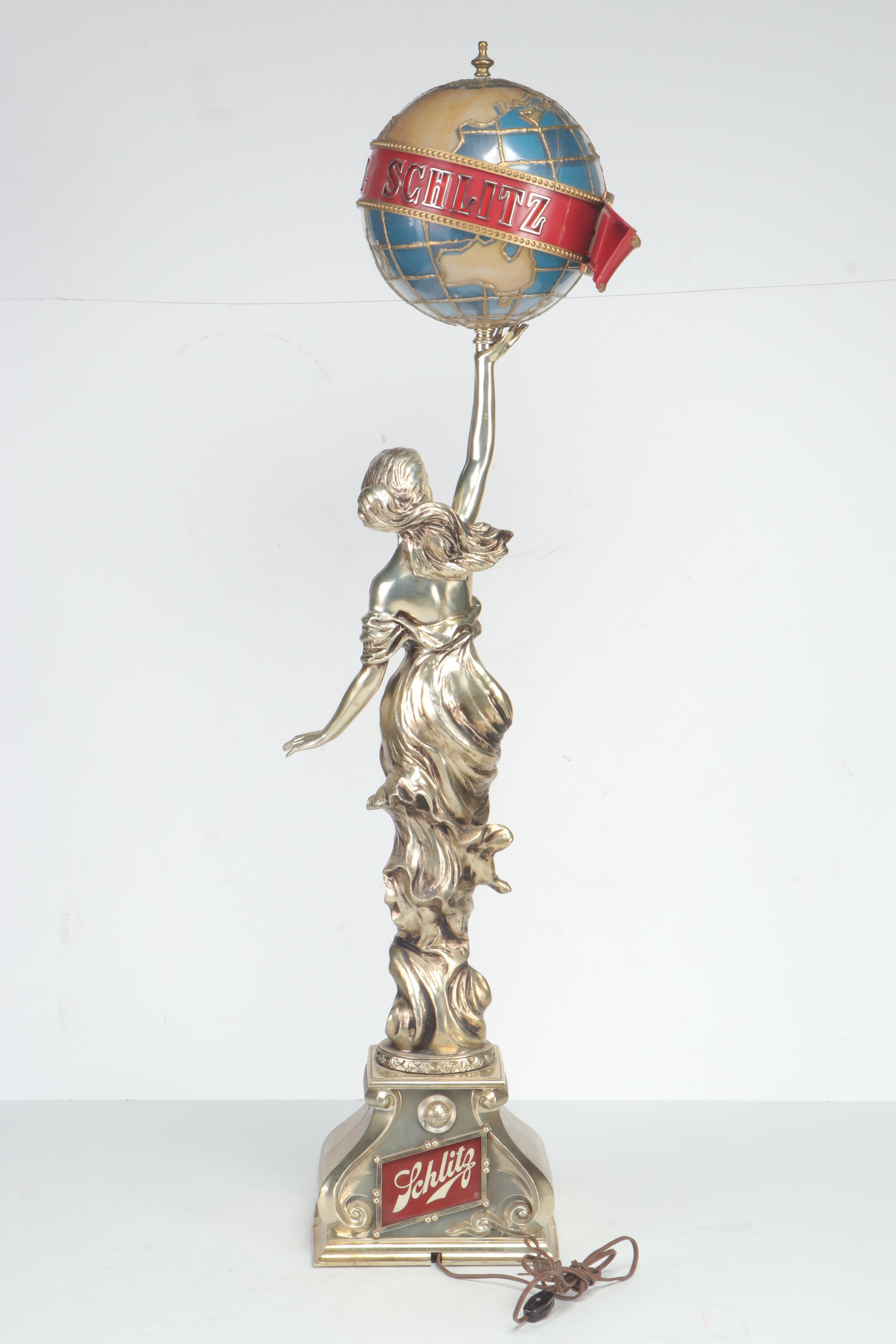Schlitz Beer Woman Holding World Illuminated Beer Lamp Display, 1976