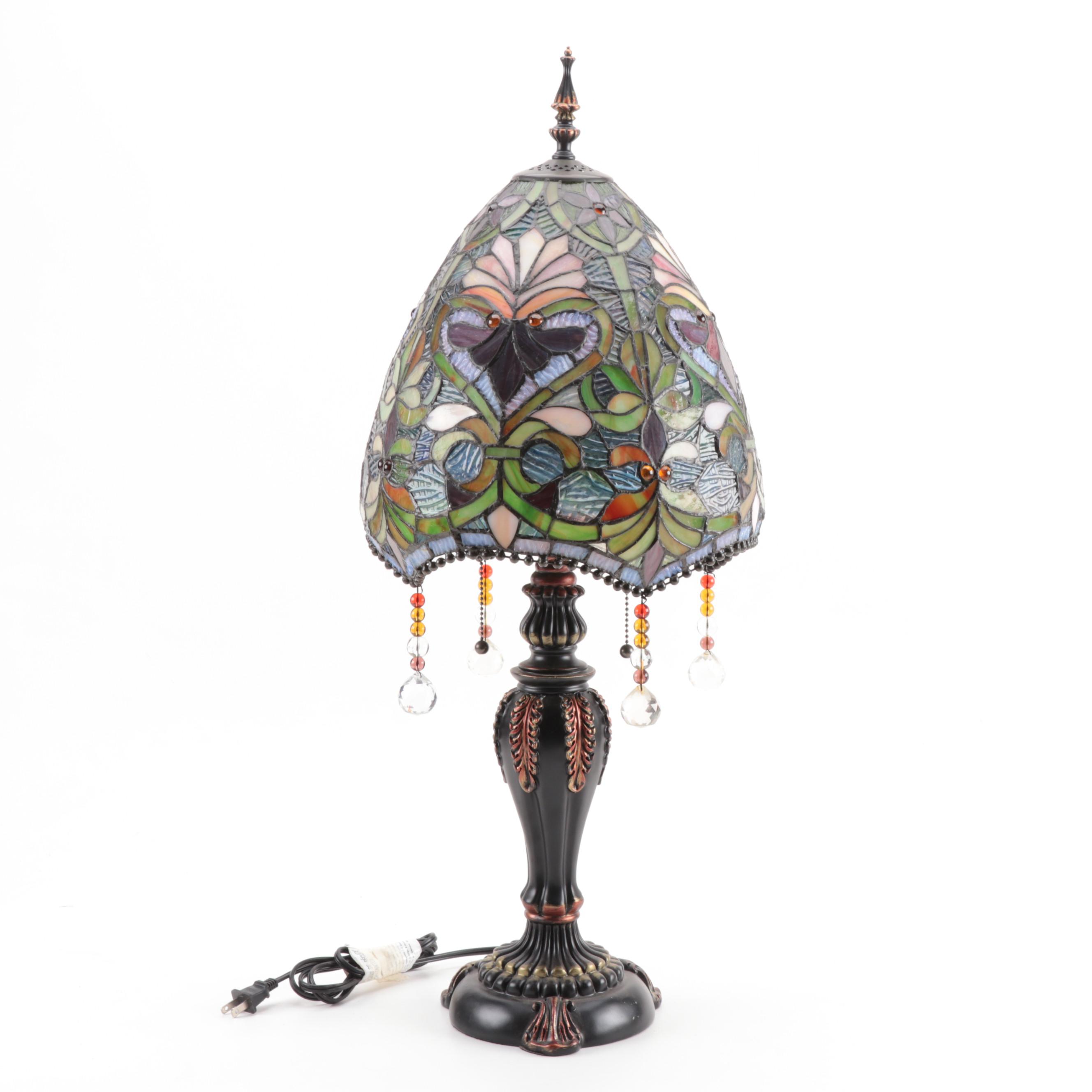 Tiffany Style Slag Glass Metal Foliate Table Lamp, Late 20th Century