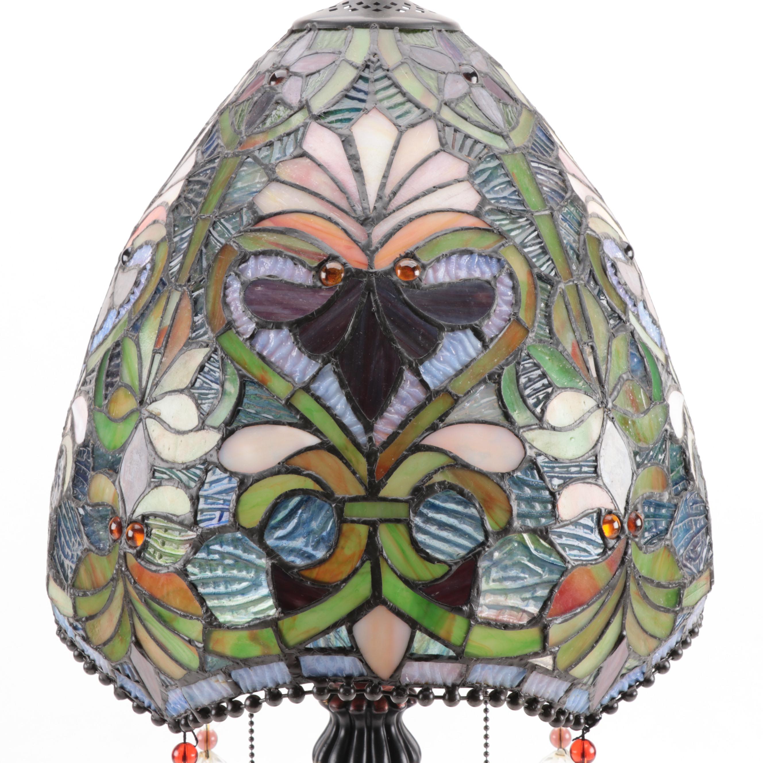 Tiffany Style Slag Glass Metal Foliate Table Lamp, Late 20th Century