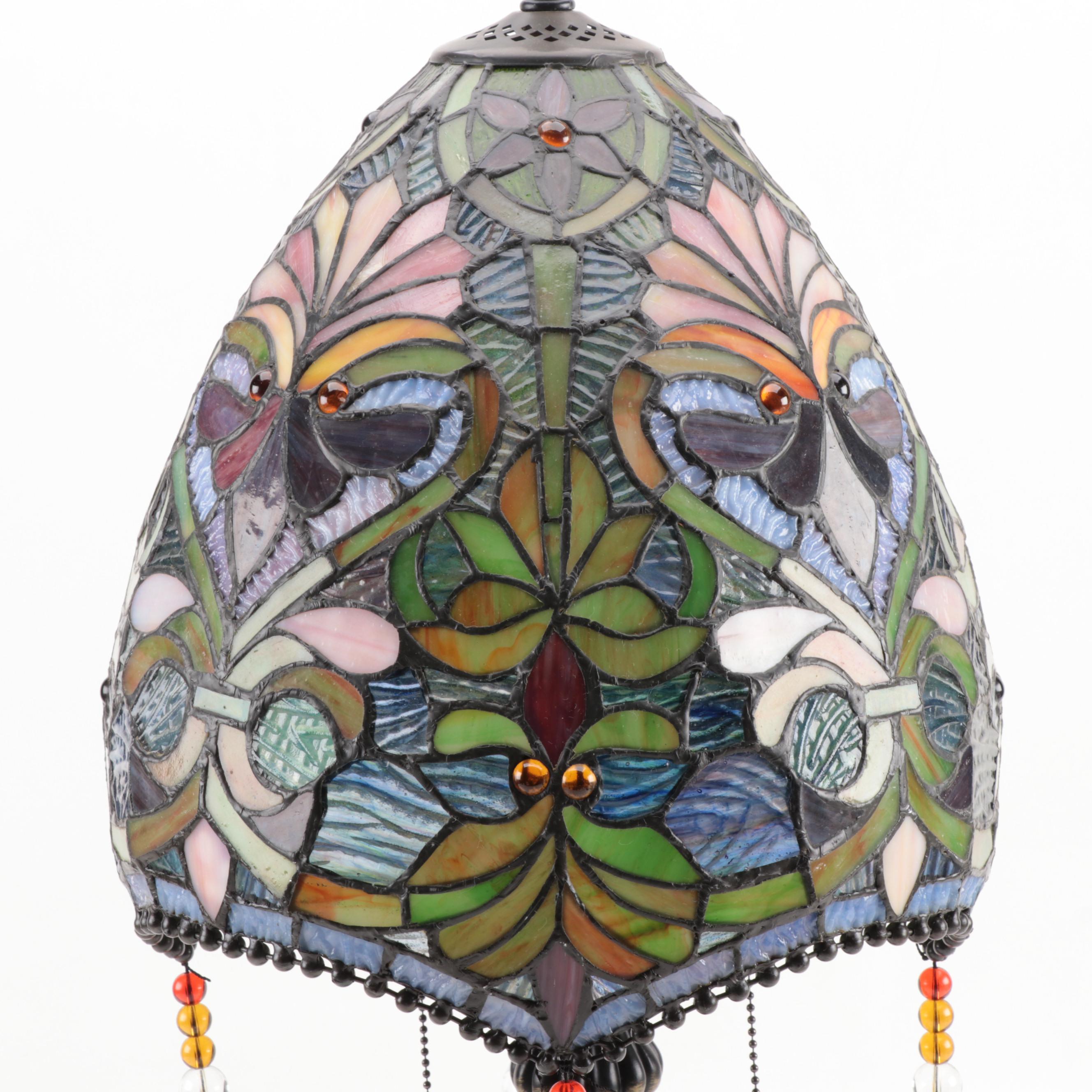 Tiffany Style Slag Glass Metal Foliate Table Lamp, Late 20th Century