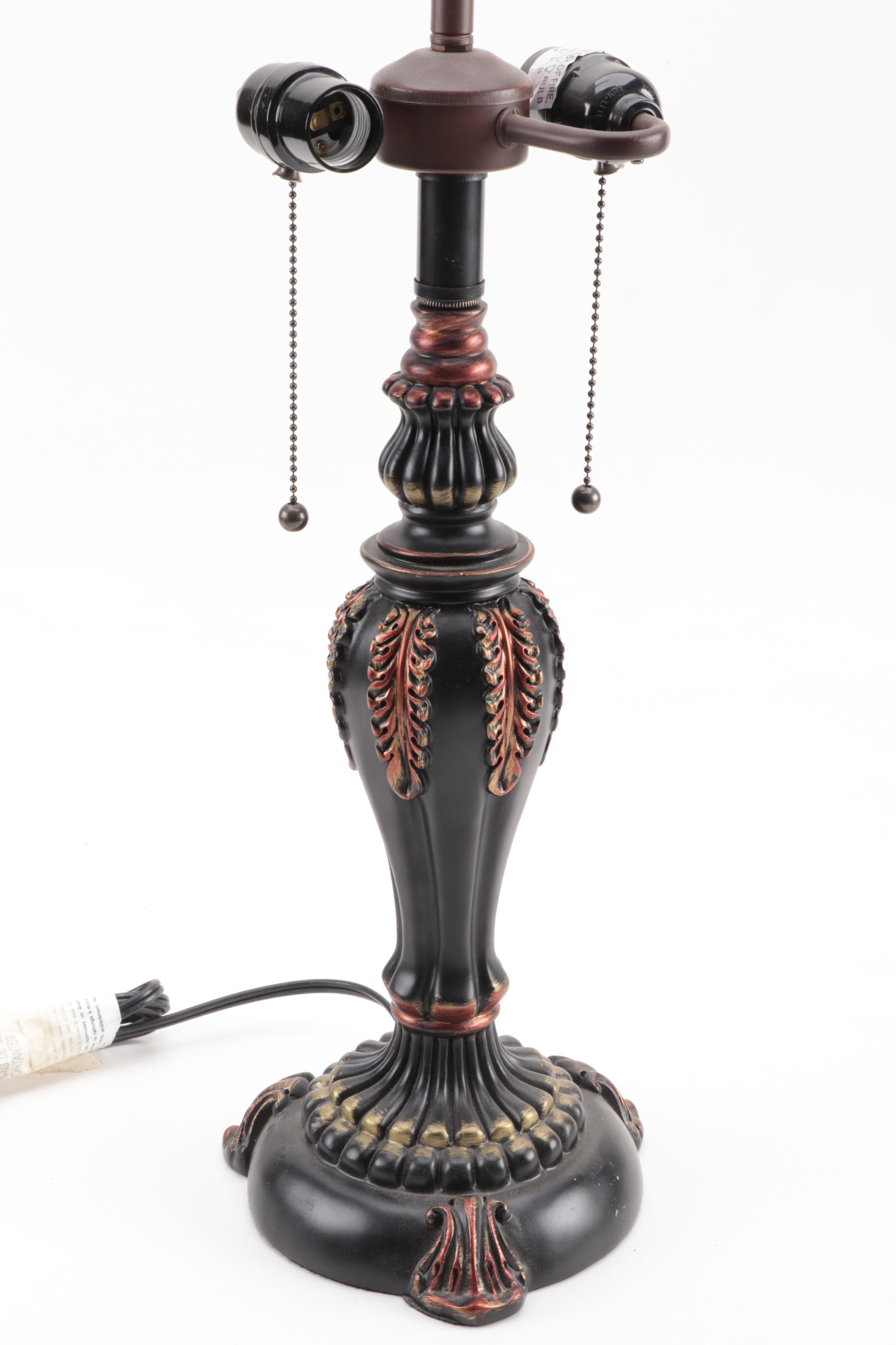 Tiffany Style Slag Glass Metal Foliate Table Lamp, Late 20th Century