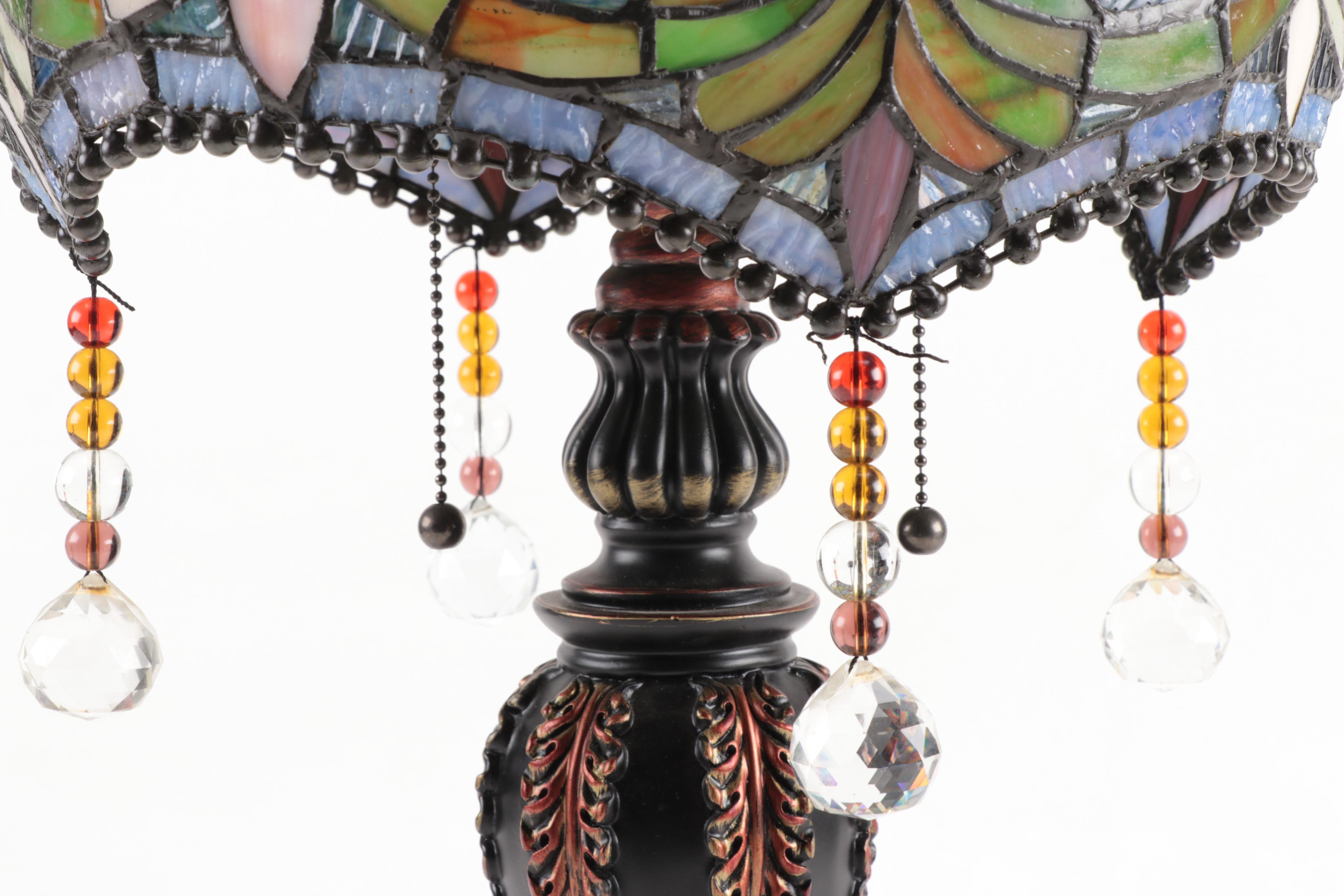 Tiffany Style Slag Glass Metal Foliate Table Lamp, Late 20th Century