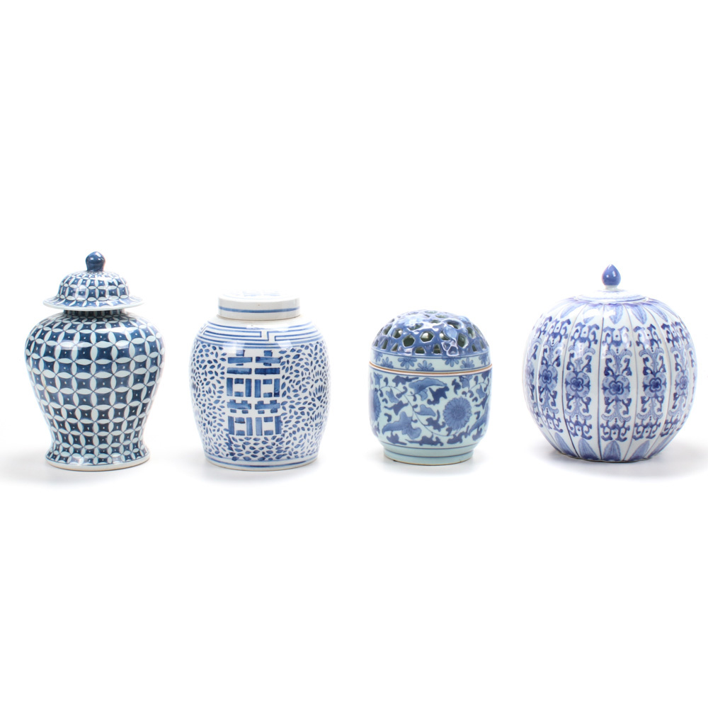Chinese Ceramic "Double Happiness" Jar with Other Blue and White Ware