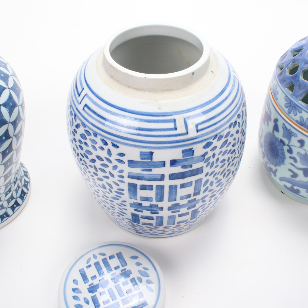 Chinese Ceramic "Double Happiness" Jar with Other Blue and White Ware