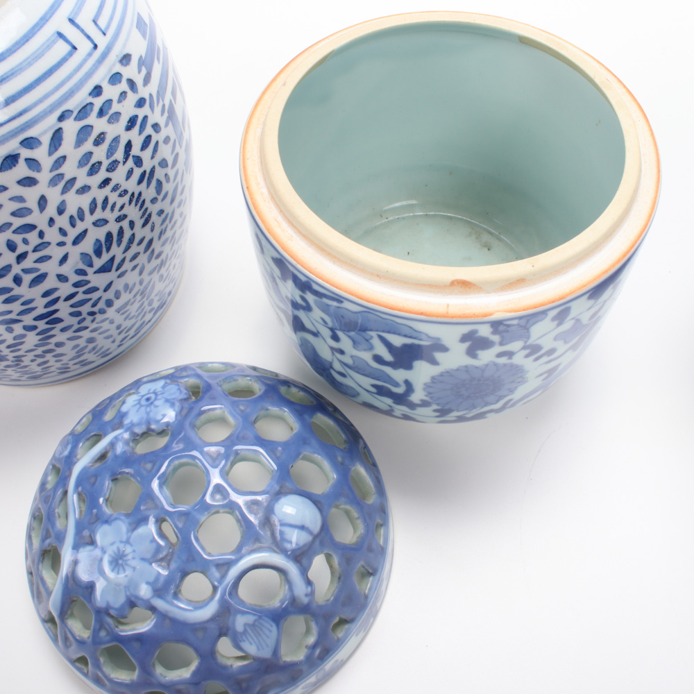 Chinese Ceramic "Double Happiness" Jar with Other Blue and White Ware