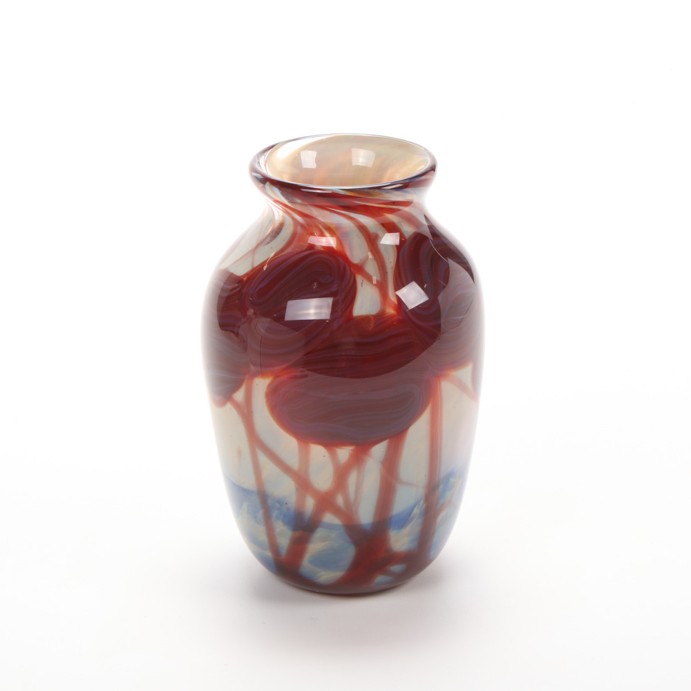 Nick Delmatto Hand Blown Red, White and Blue Art Glass Vase, 2017
